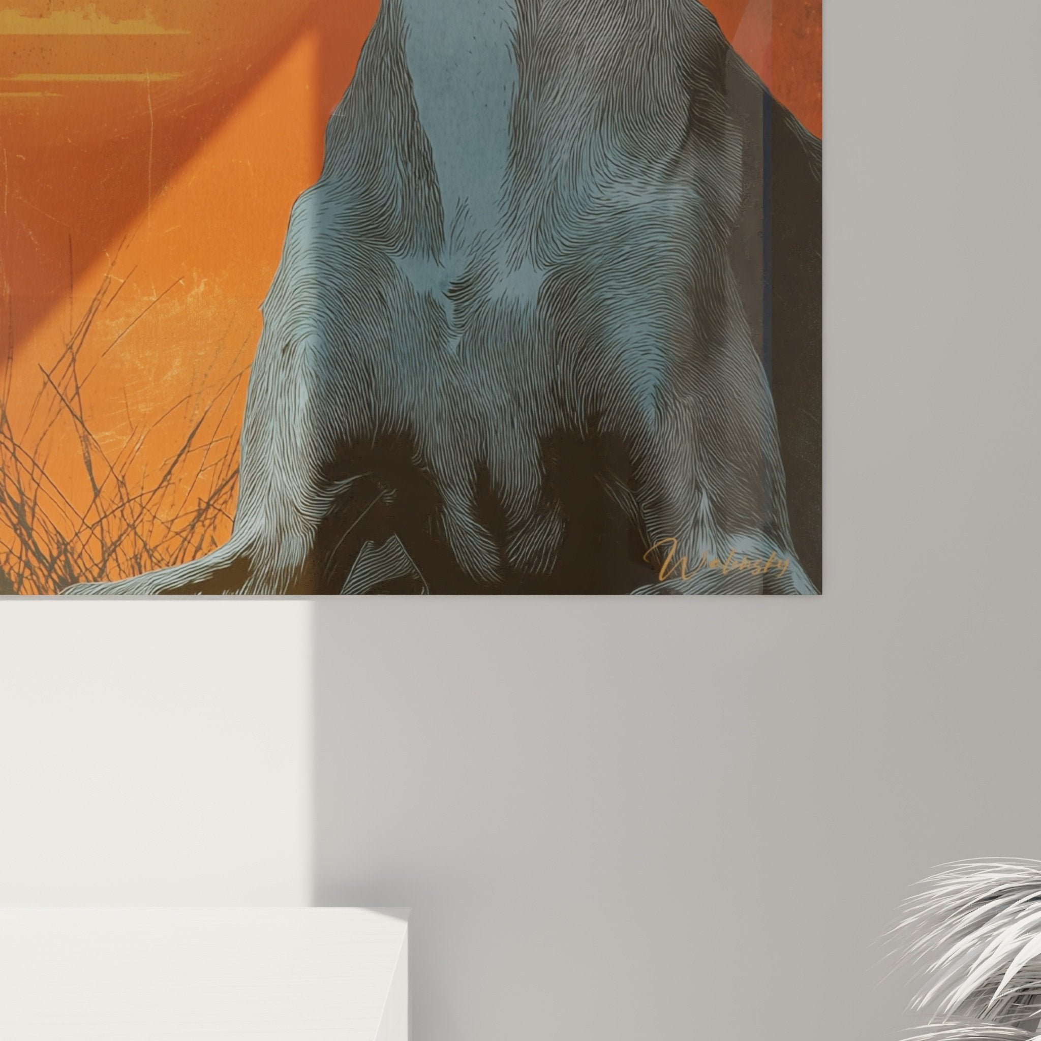 Gesamtansicht Whippet-Windhund-Gemälde Sonnenuntergang Orange, Hundekunstwerk Wanddekoration moderne Inneneinrichtung