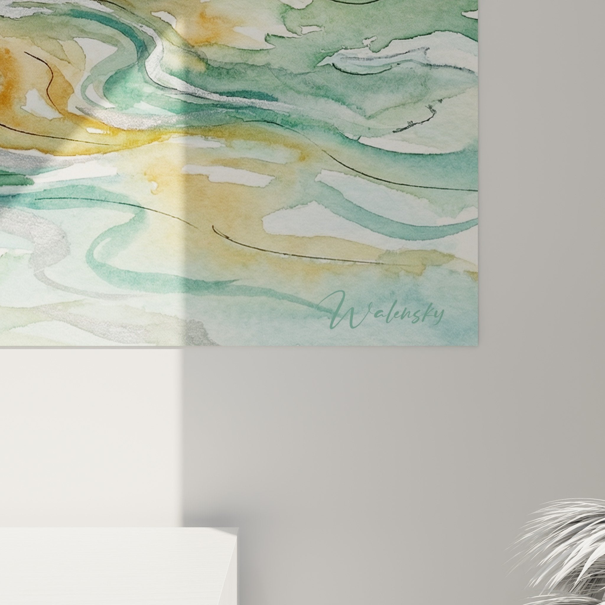 Vue ensemble tableau Lhassa Apso aquarelle, chien aux longs poils dans eau turquoise, art mural délicat