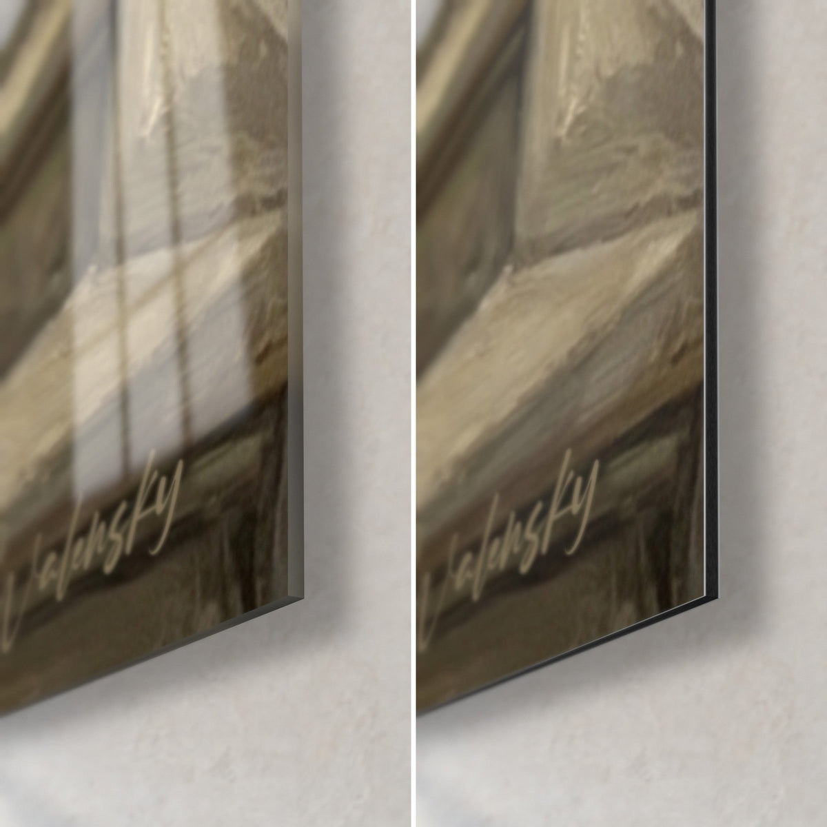Wall art Lhasa Apso with tawny coat, bottom right corner: glossy glass on the left, matte Dibond on the right, 3 mm edge