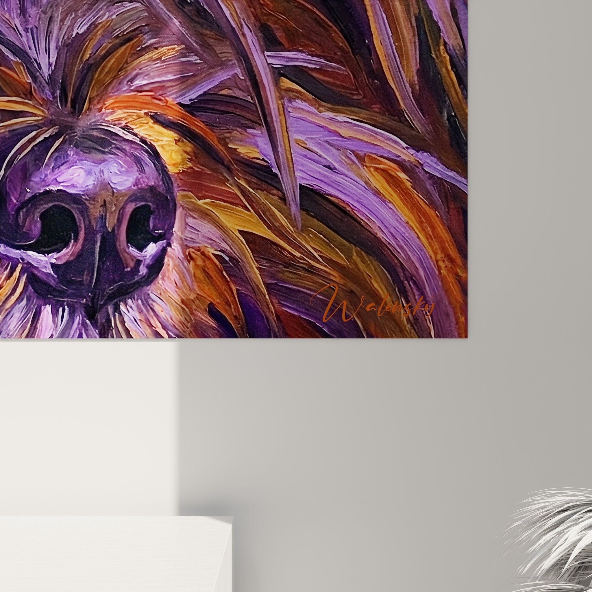 Vue ensemble tableau Lhassa Apso couleurs vives violet orange decoration interieure moderne artistique