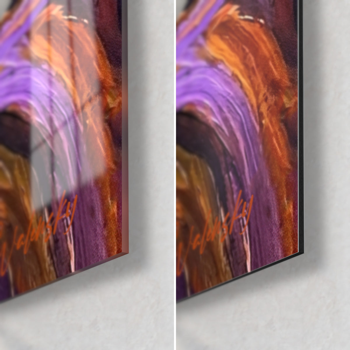 Quadro di un muso di cane in tocchi viola e arancio, angolo in basso a destra in vetro lucido e Dibond opaco, bordo nero da 3 mm
