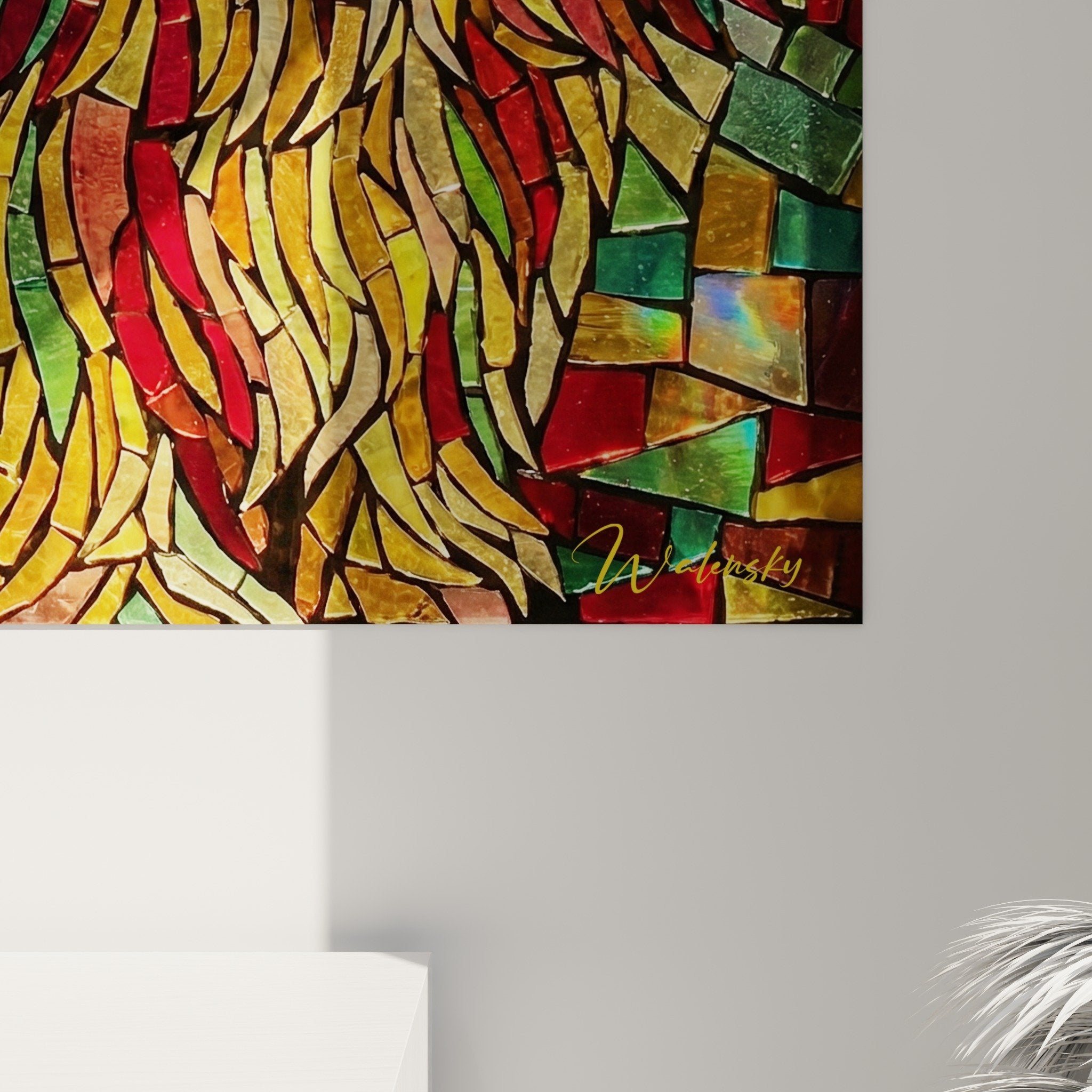 Vue ensemble tableau mosaique Lhassa Apso decoration murale tons chauds dores style contemporain