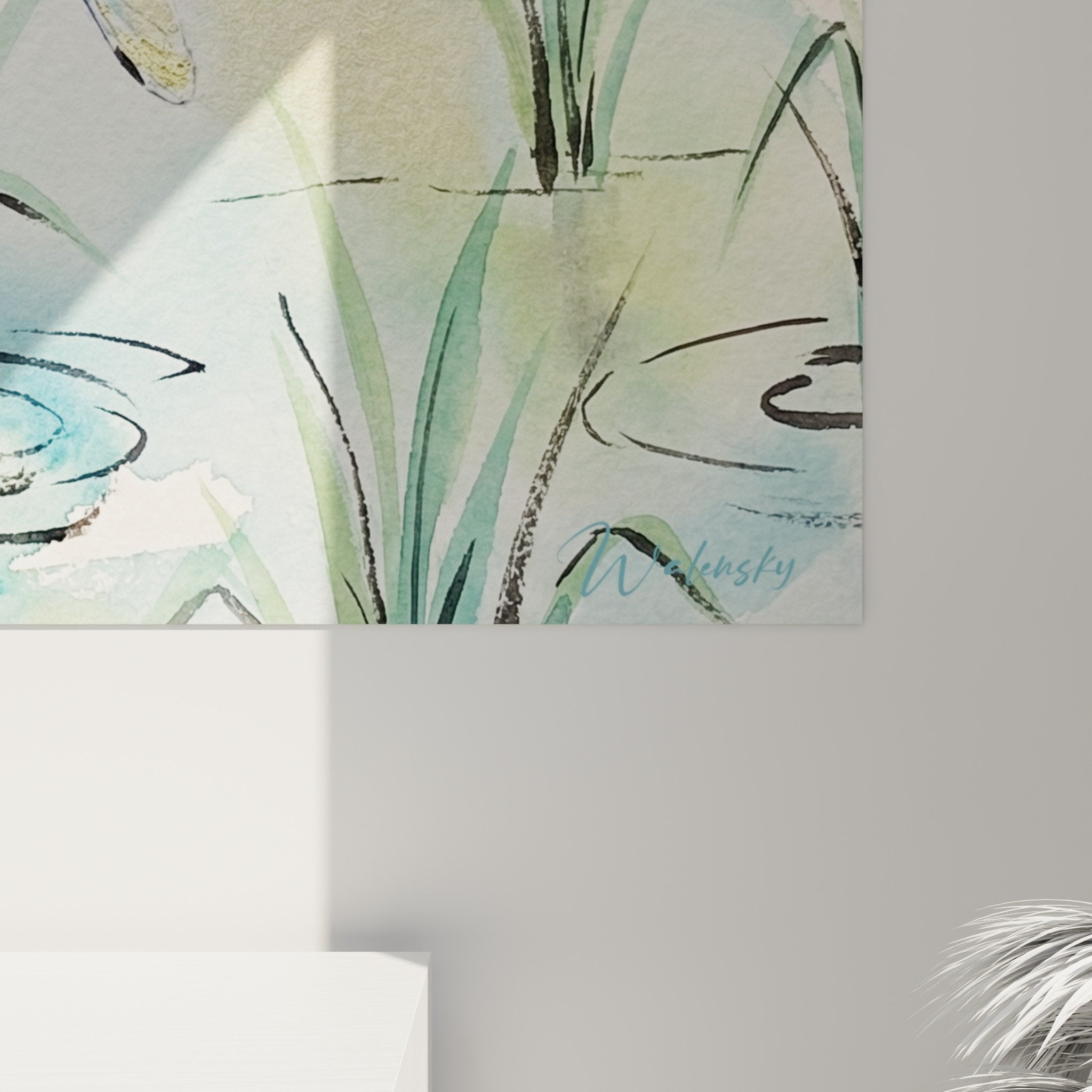 Vue ensemble tableau libellules aquatique decoration murale bleue verte rizieres dans salon