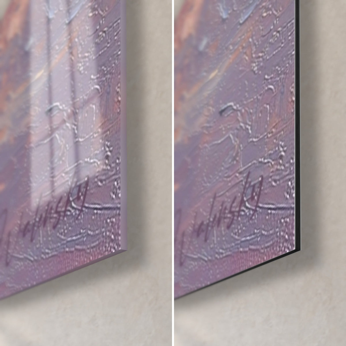 Tableau lionne peinte au couteau, coin bas droit : verre acrylique brillant reflétant, Dibond mat noir, tranche de 3 mm