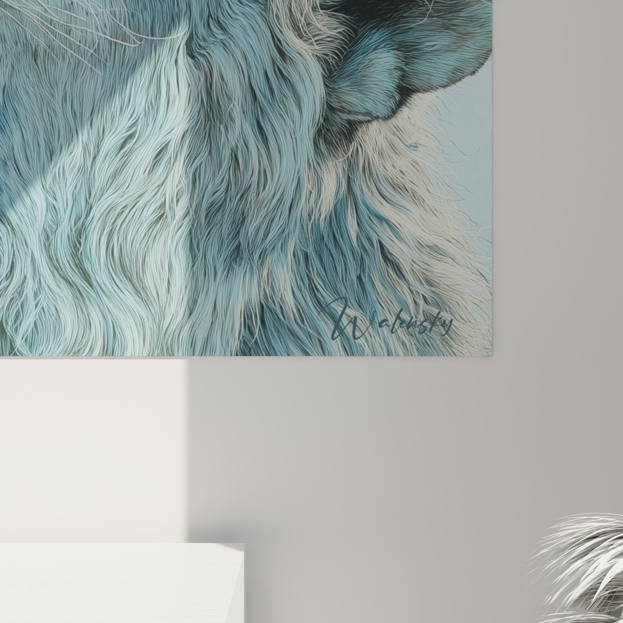 Vue ensemble tableau lion bleu decoration murale moderne salon contemporain ambiance zen