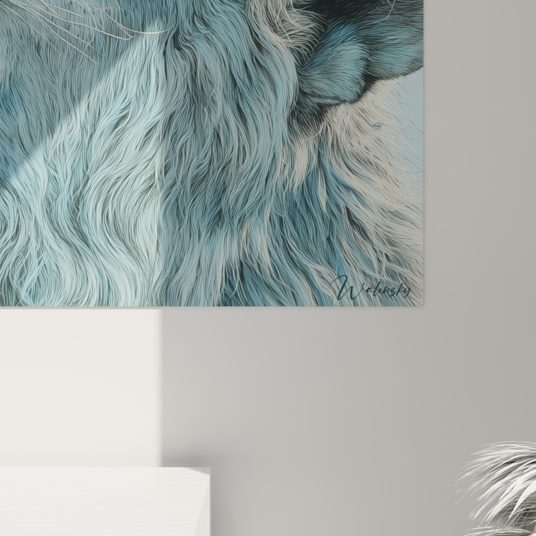 Vue ensemble tableau lion bleu decoration interieur moderne art animalier mural