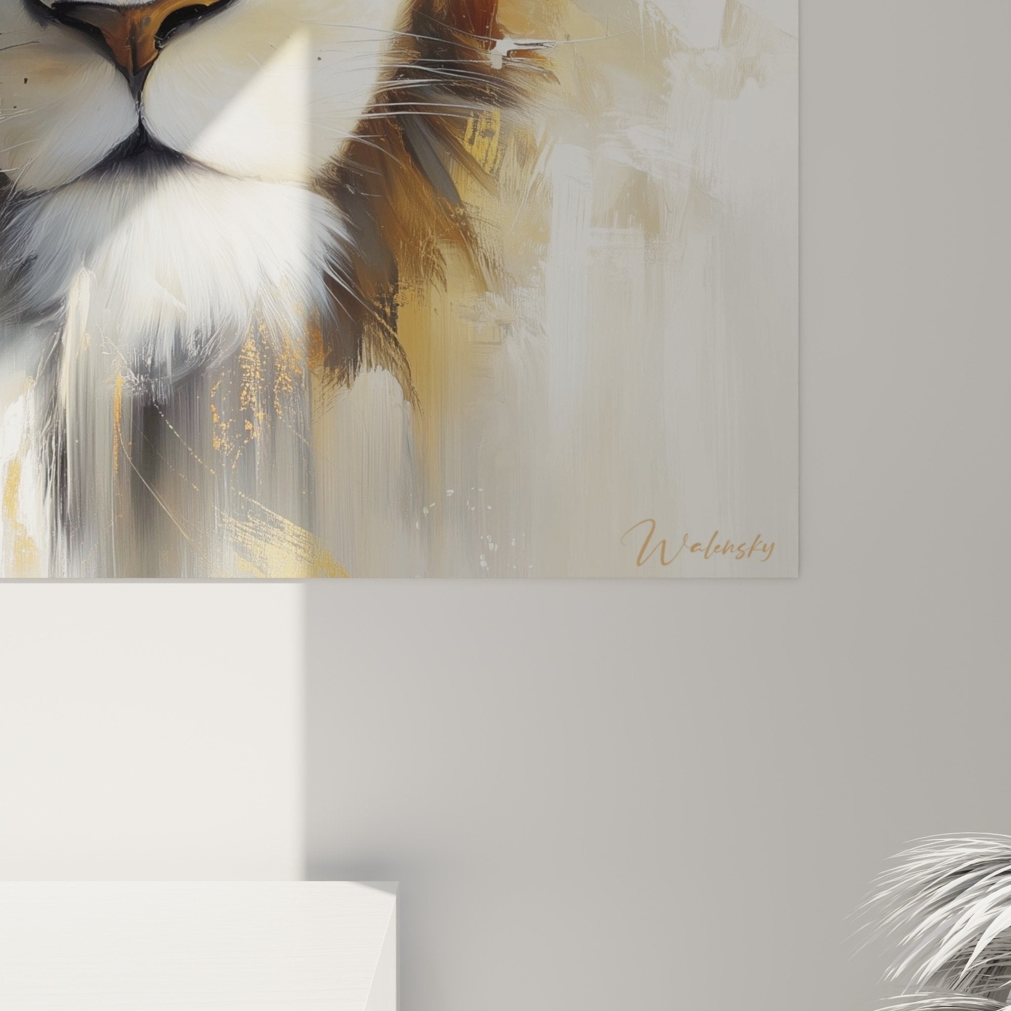 Vue ensemble tableau lion artistique tons chauds et froids composition contemporaine art mural deco
