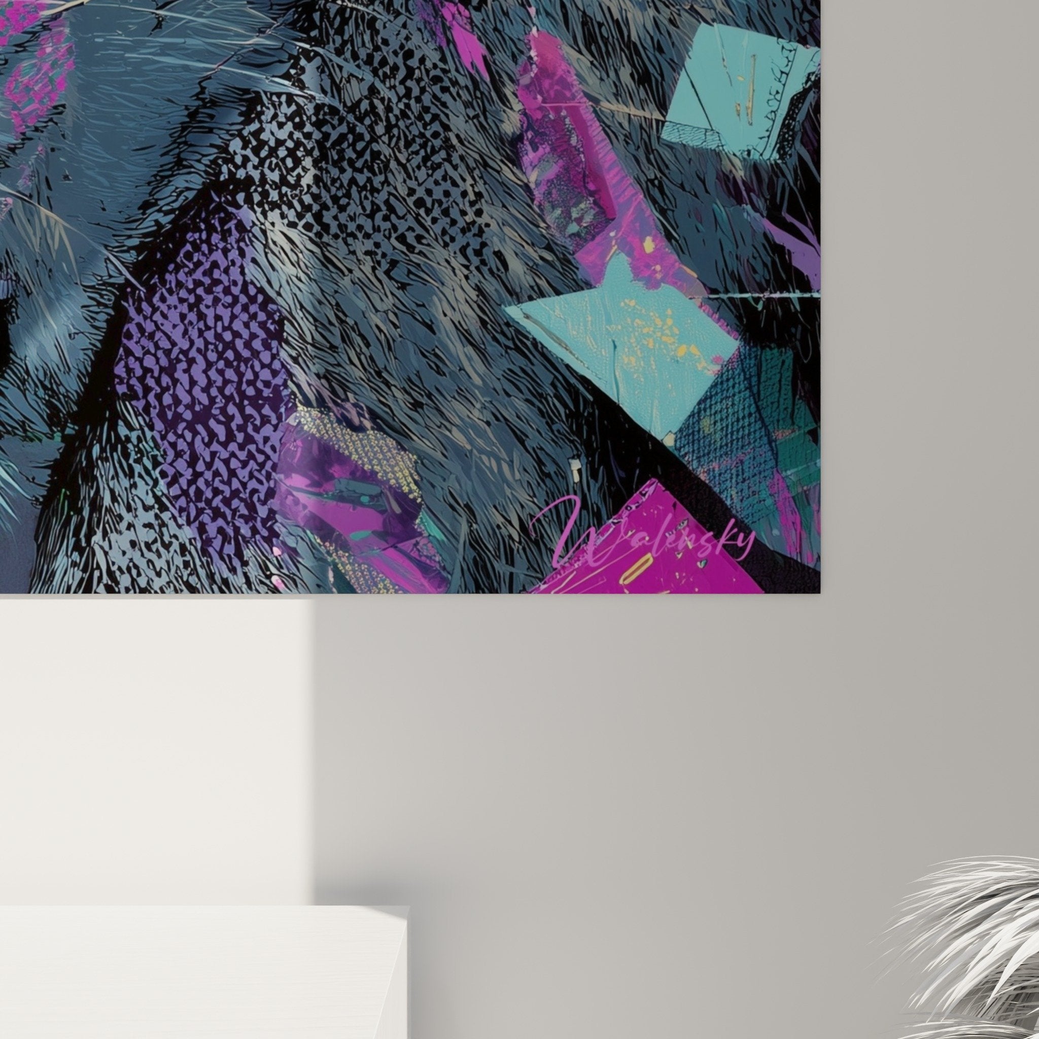 Lion artwork digital art purple turquoise wall decoration modern futuristic effect overview