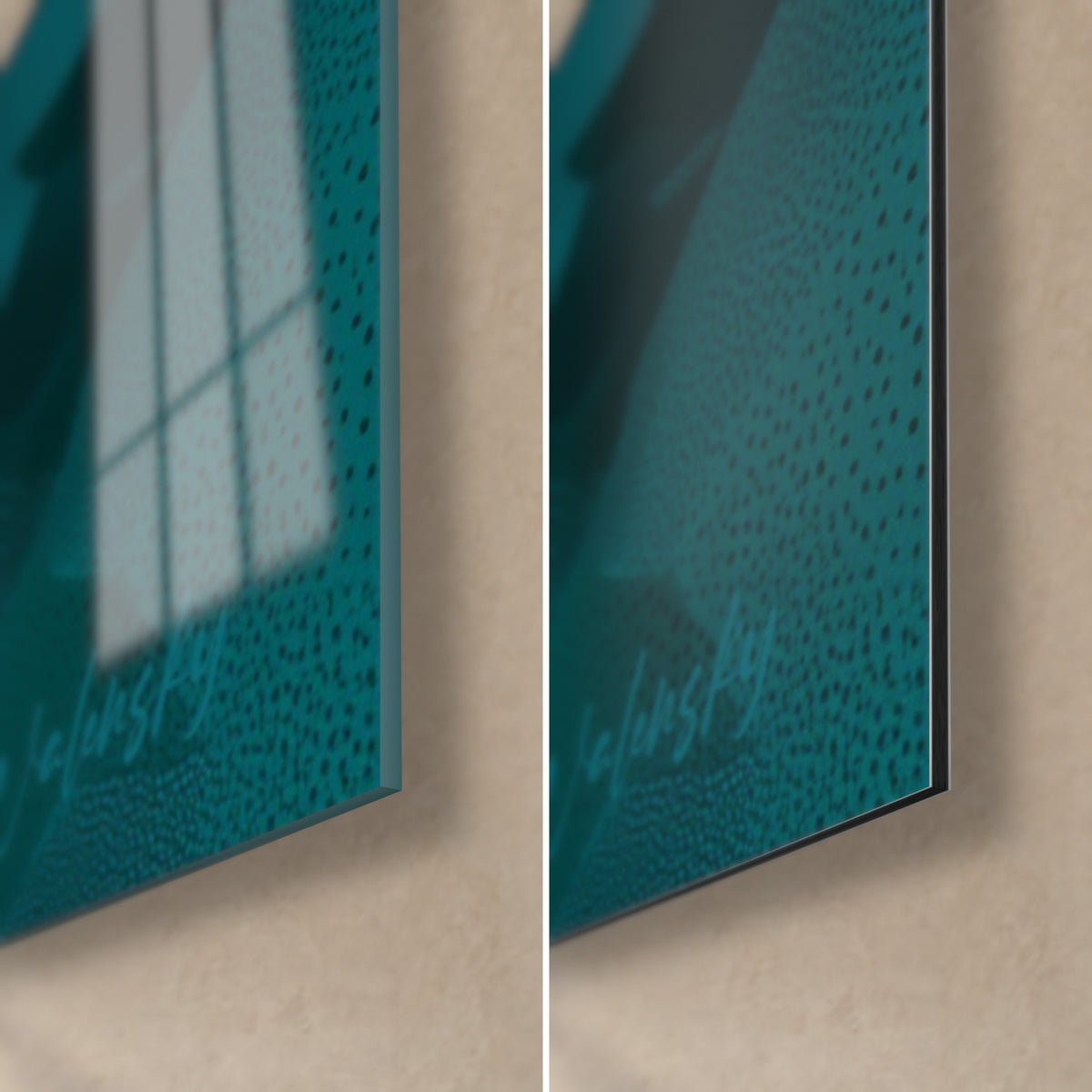 Schilderij van de koning van de savanne met turquoise stippenpatronen, rechtsonder: glanzend glas links, mat Dibond rechts