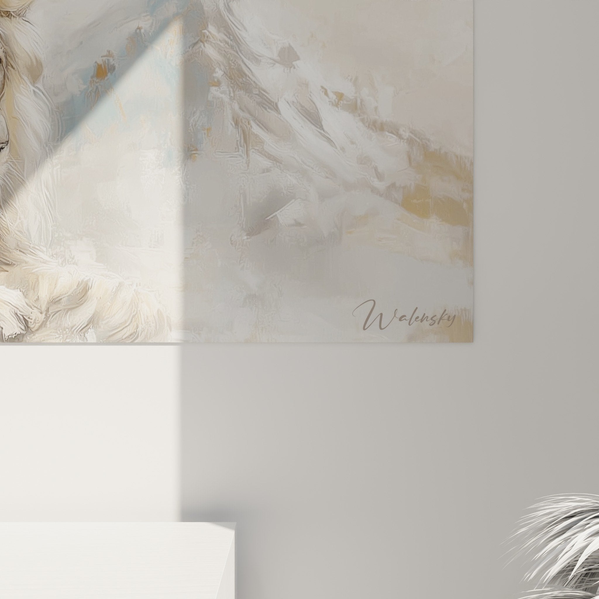 Full view horizontal lion artwork with mountainous decor in soft powder tones harmonious artistic composition