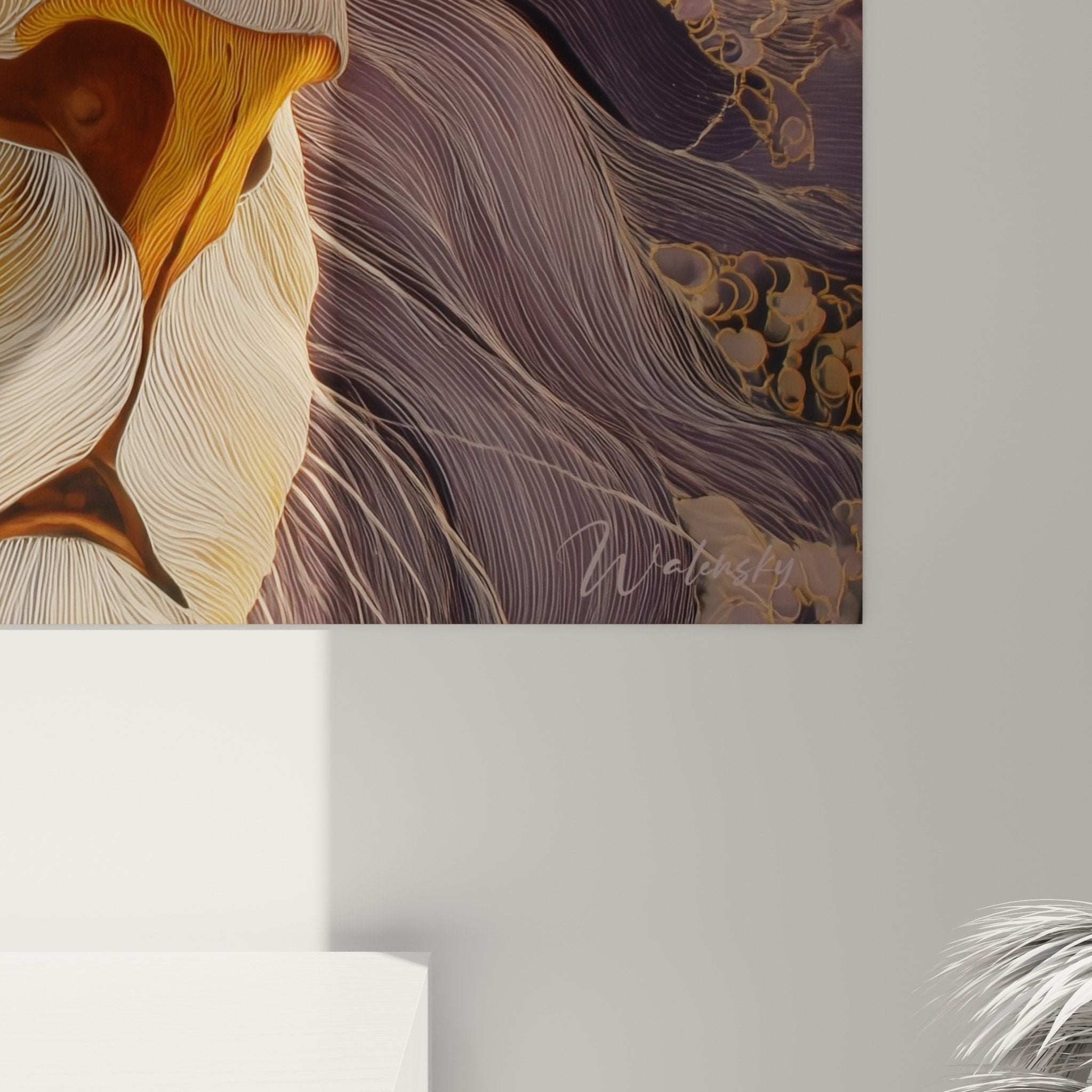 Vue ensemble tableau lion moderne lignes fluides decoration murale contemporaine