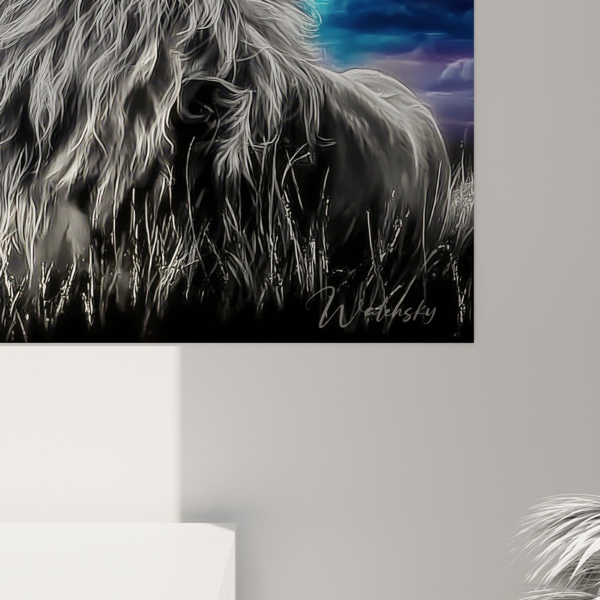 Vue ensemble tableau lion mystique ciel etoile bleu violet decoration murale majestueuse