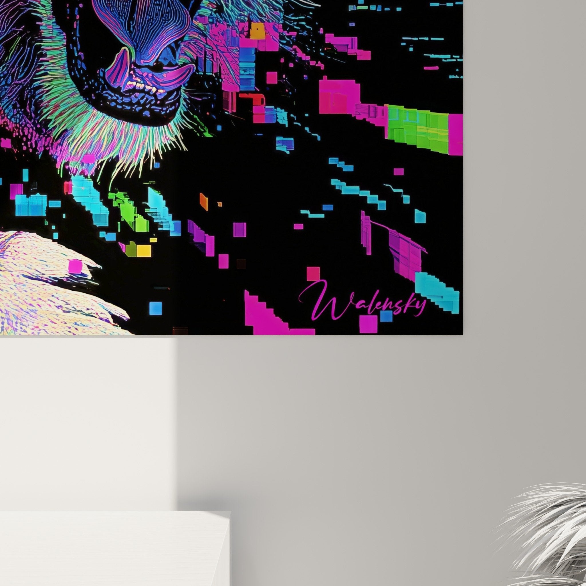Vue ensemble tableau lion pixel art decoration murale couleurs fluorescentes style contemporain