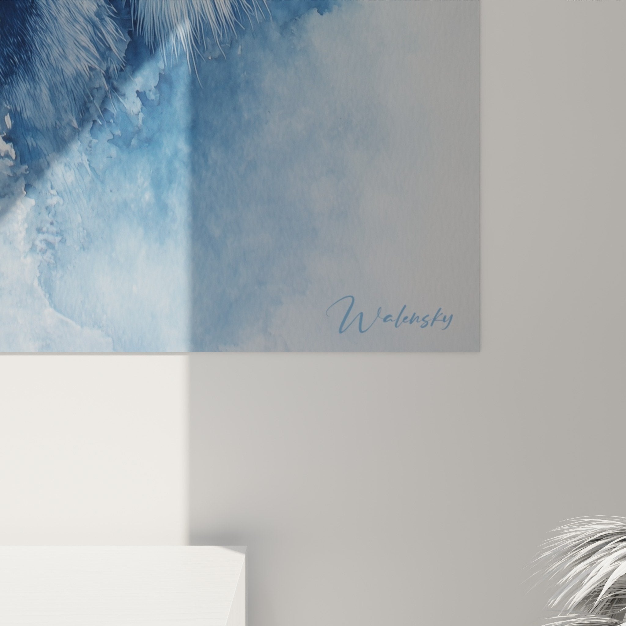 Vue ensemble tableau lion profil bleu accroche mur blanc decoration interieur contemporain