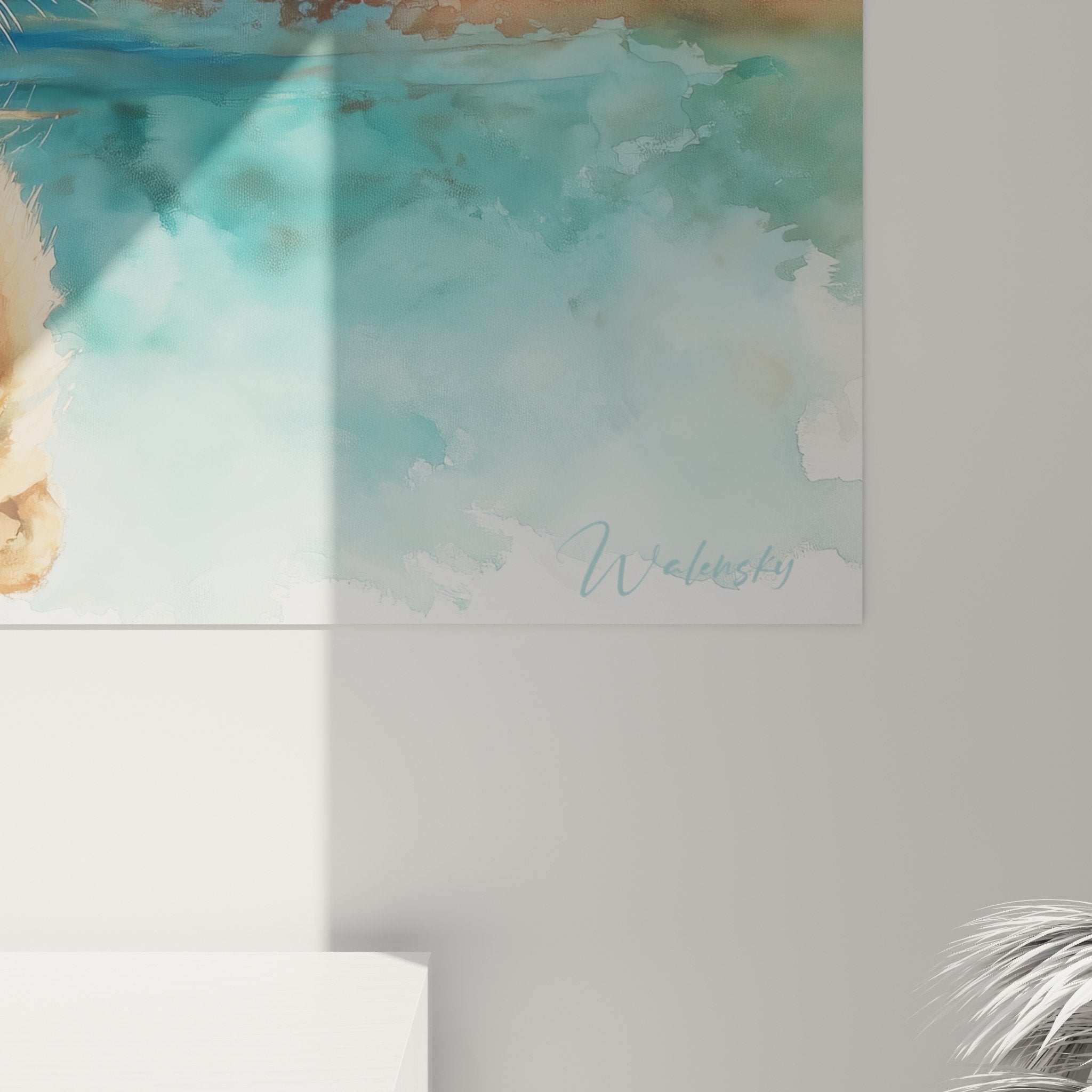 Vue ensemble tableau lion reflet aquarelle décoration intérieur moderne palette ocre turquoise
