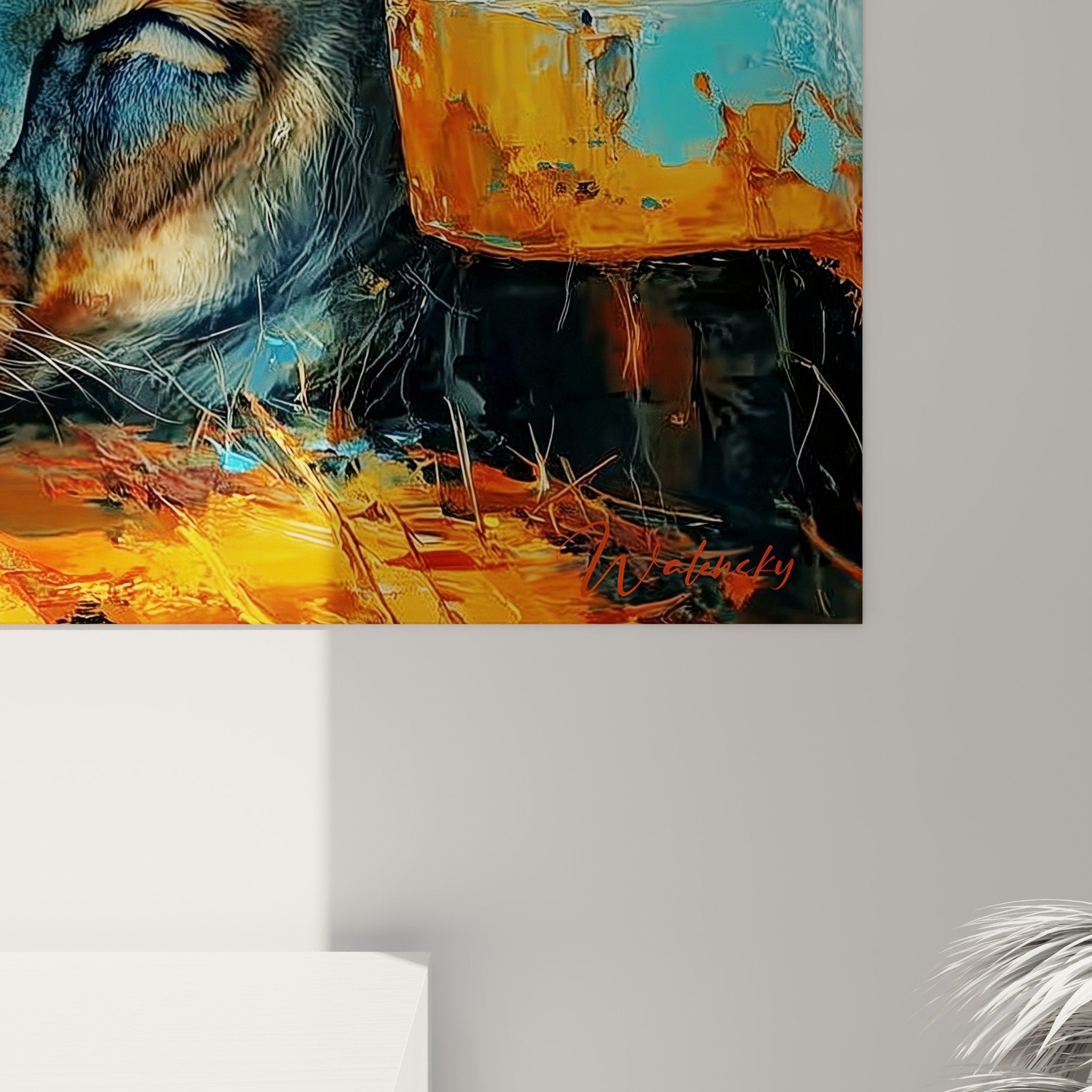 Lion resting artwork warm cool tones artistic modern contrast overall view