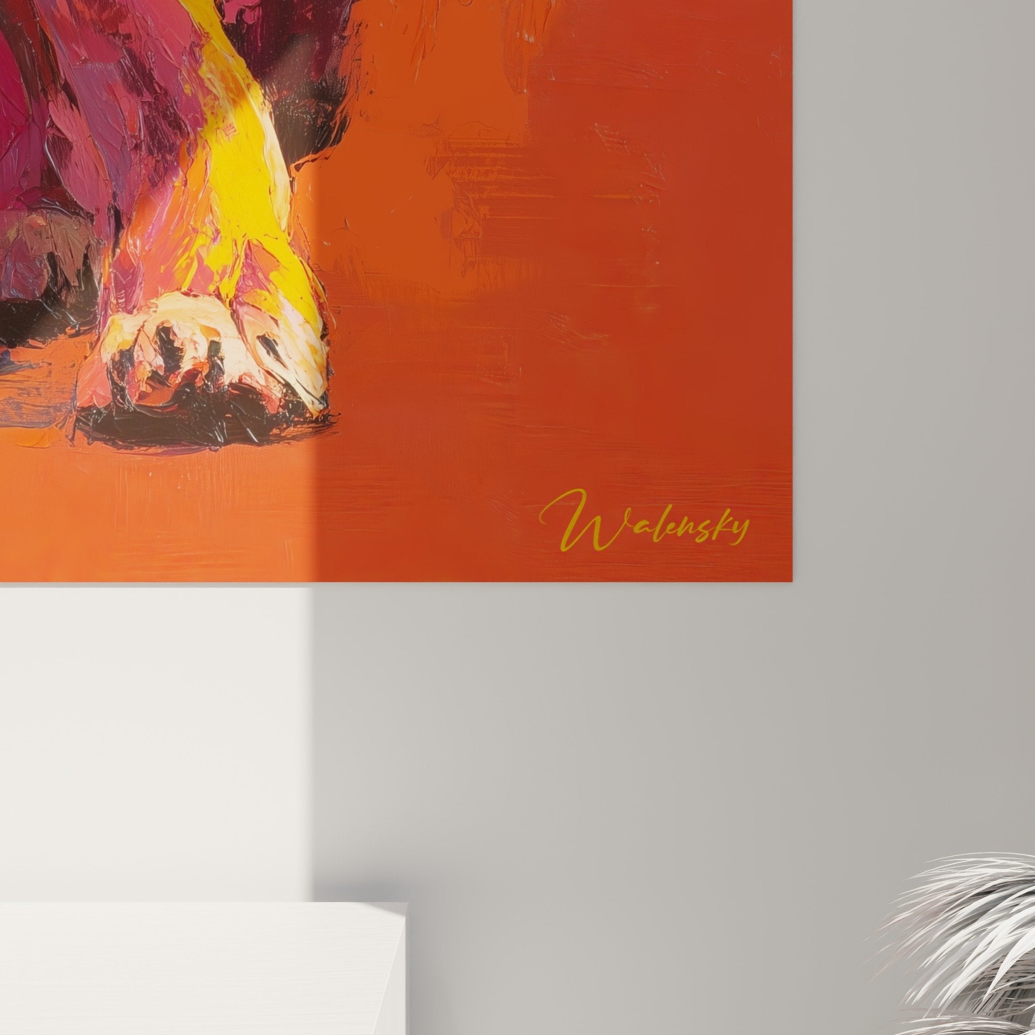Vue ensemble tableau lion rouge orange salon contemporain decoration murale