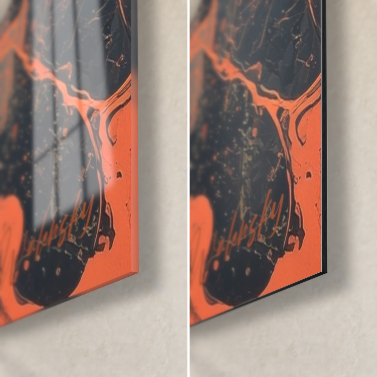 Schilderij leeuw in oranje spatten op antraciet achtergrond, rechtsonder: glanzend glas links, mat Dibond rechts, 3 mm rand