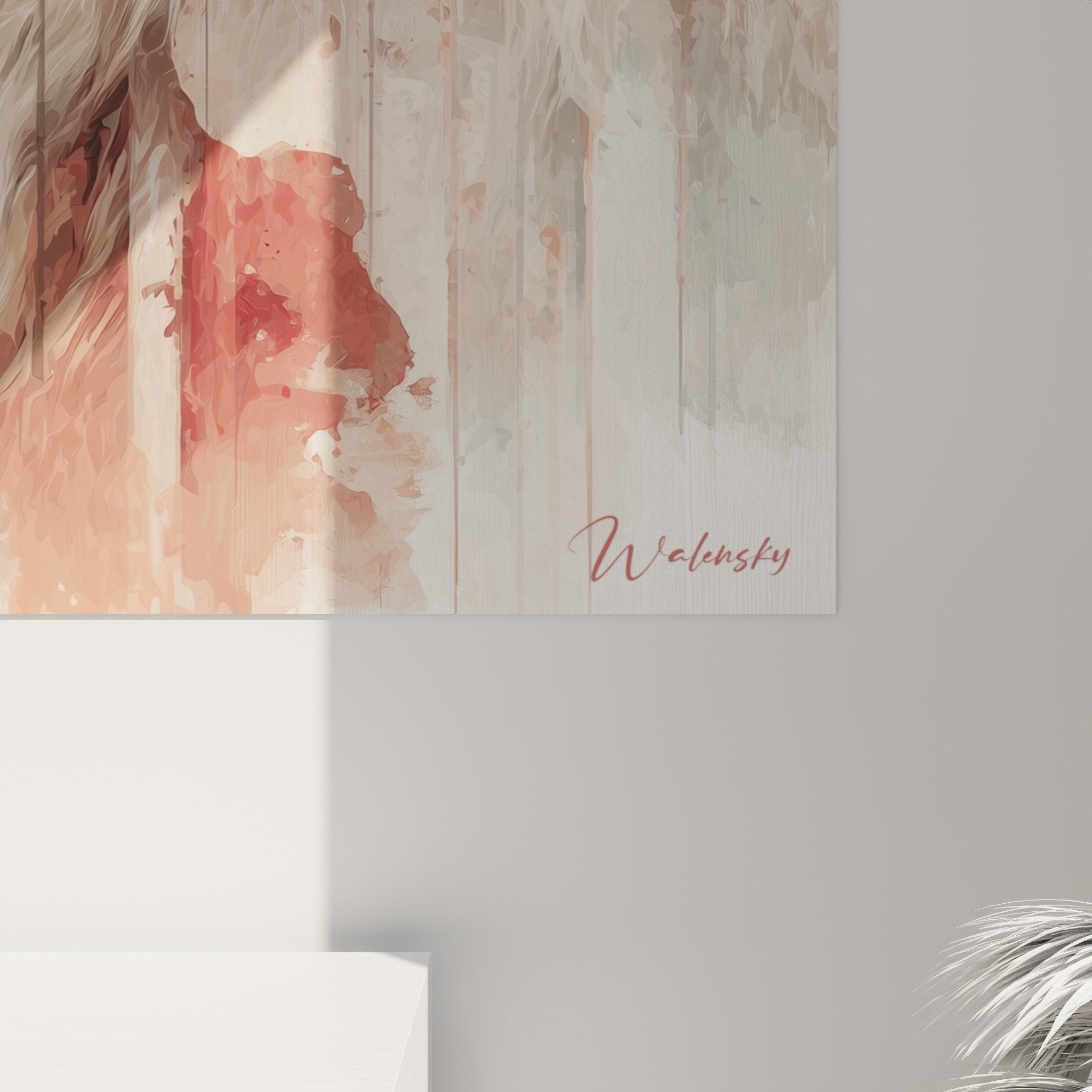 Vue ensemble tableau lion rugissant aquarelle rose decoration salon moderne