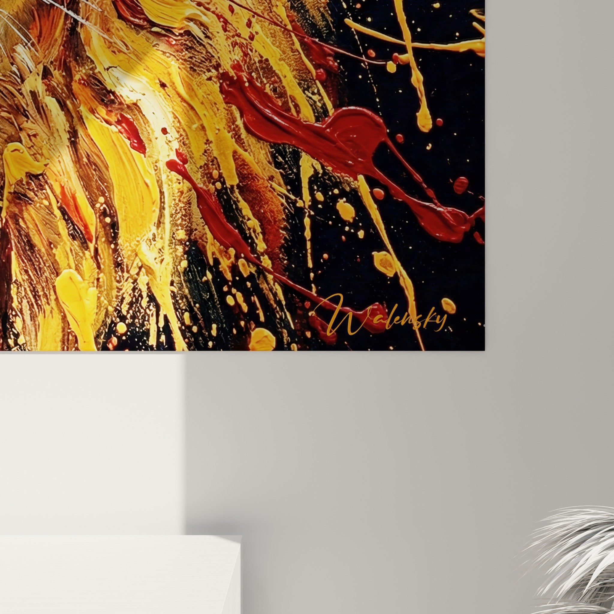 Vue ensemble tableau lion street art decoration murale salon tons dores orange style contemporain dripping