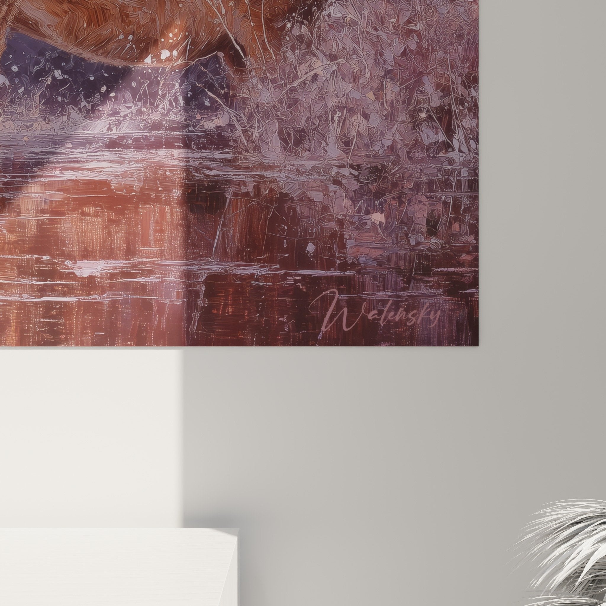 Vista completa quadro leonessa acqua viola decorazione murale soggiorno moderno arte animale maestosa