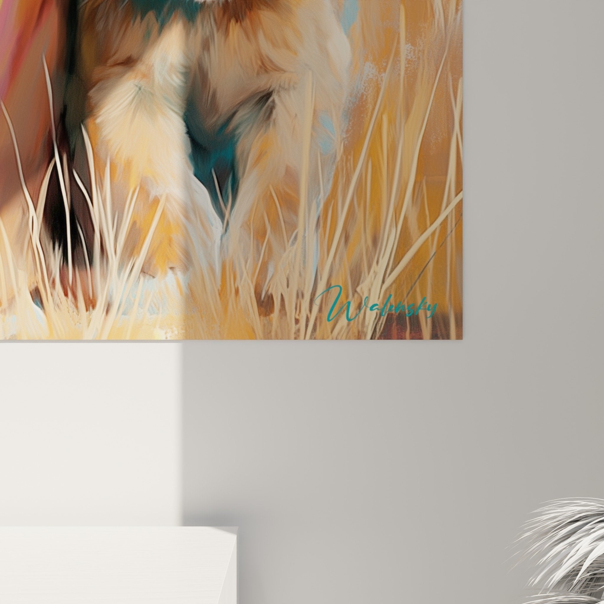 Vista d'insieme quadro leonessa cucciolo decorazione murale moderna colori vivaci arte contemporanea salotto
