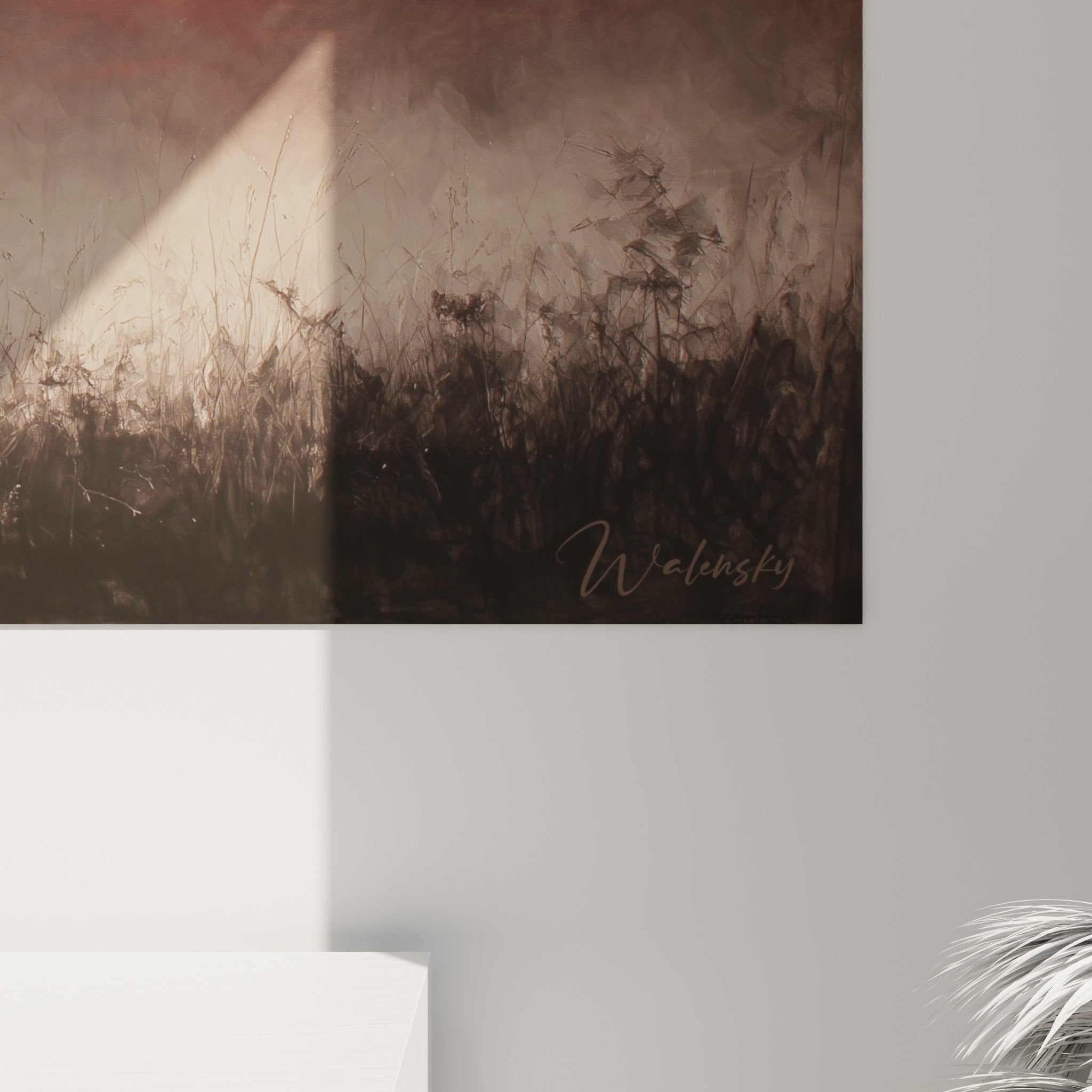 Overall view of lionesses sunset red painting living room wall decoration safari artwork