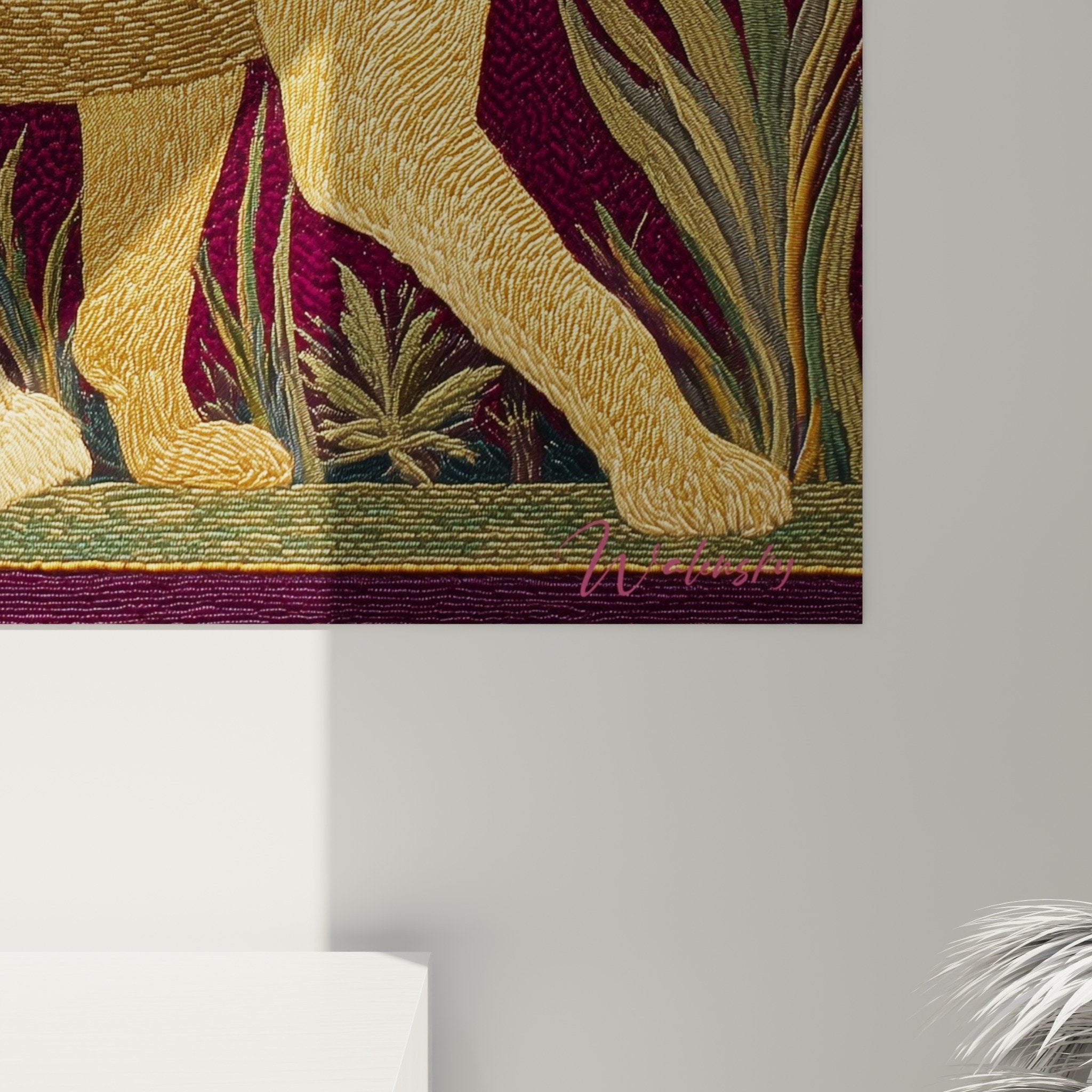 Vue ensemble tableau lions majestueux decoration murale bordeaux or salon elegant