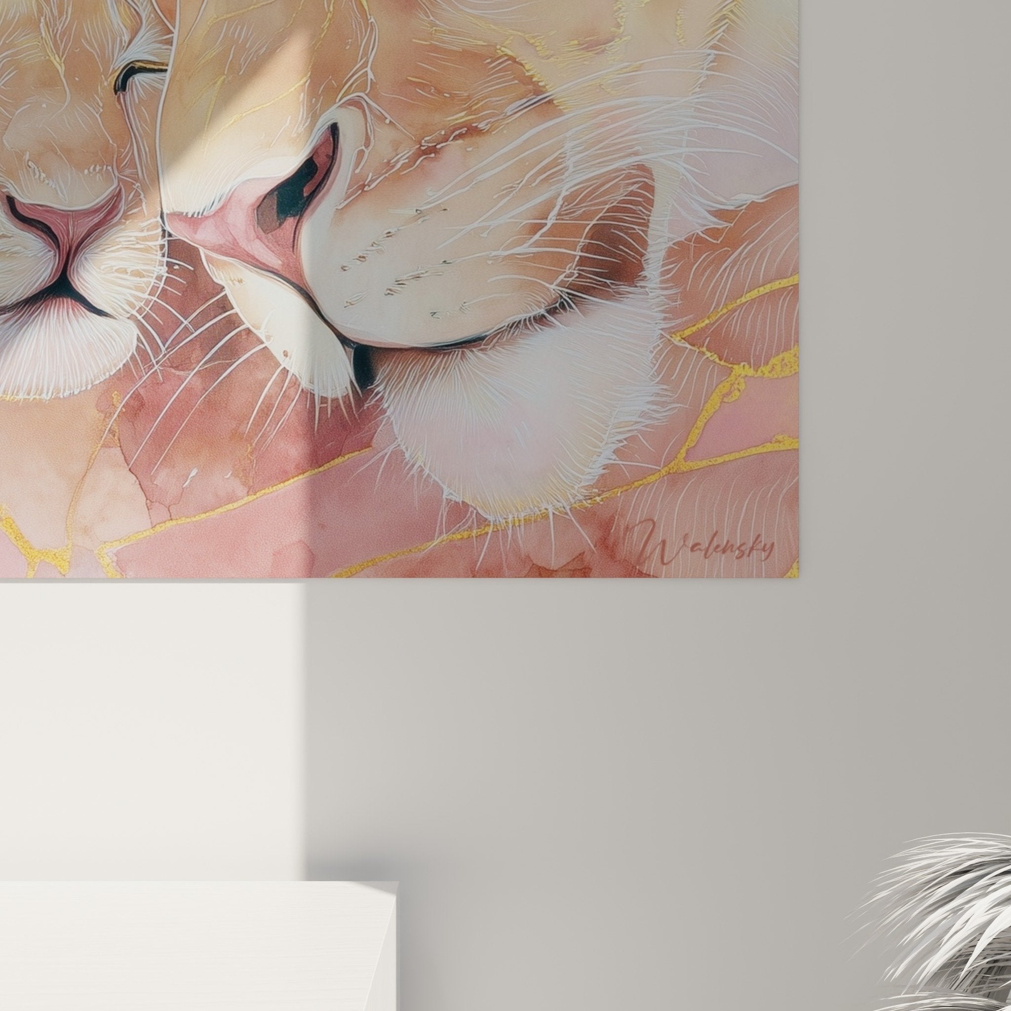 Vue ensemble tableau lions roses dorés décoration intérieur moderne