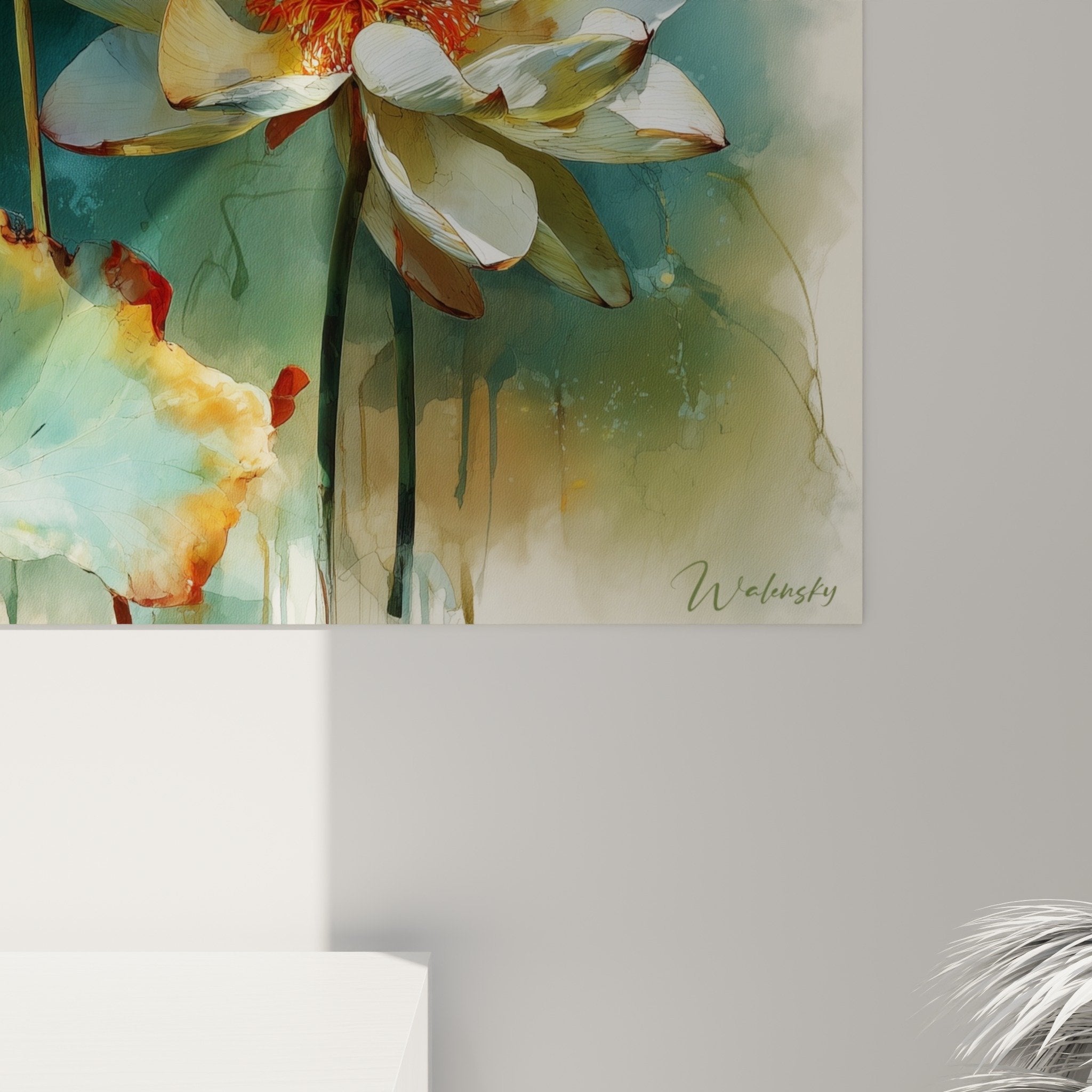 Vue ensemble tableau nenuphars lotus blancs style aquarelle fond aquatique vert bleu decoration zen