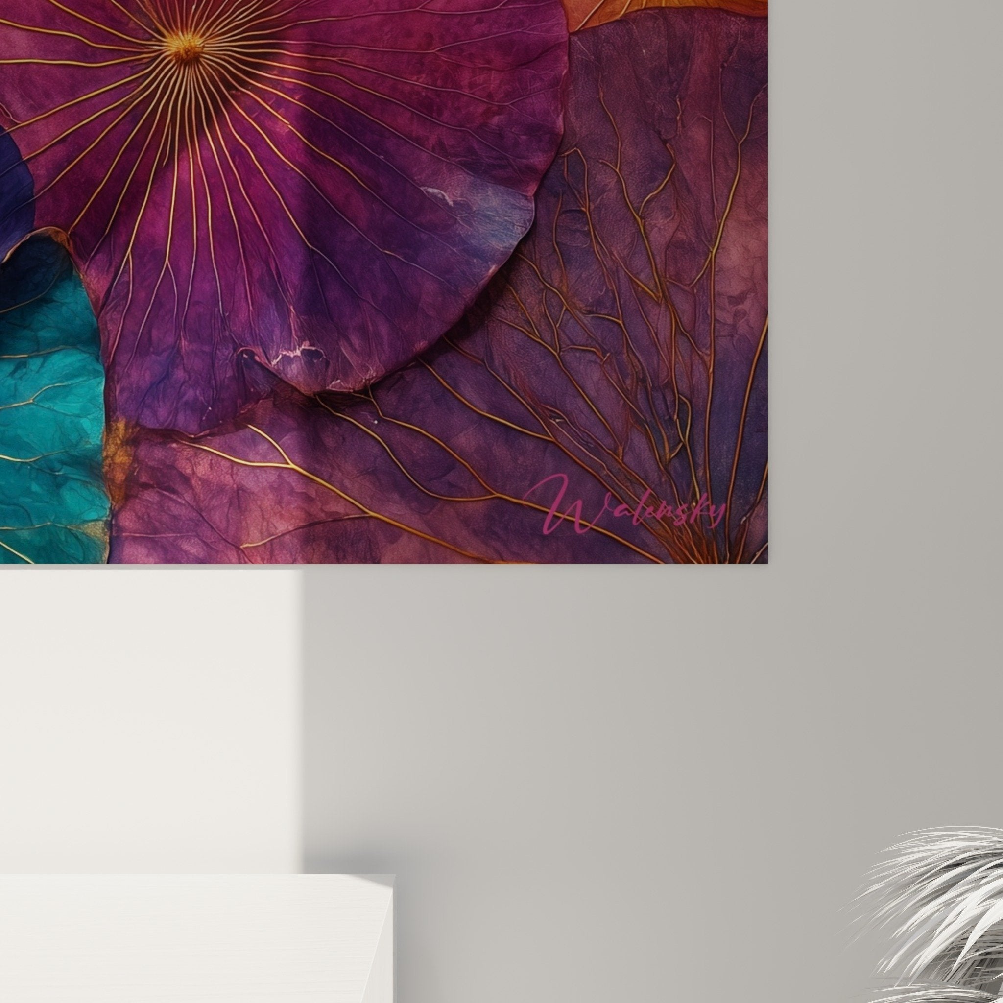 Vue ensemble tableau lotus coloré decoration murale tons aquatiques nenuphar