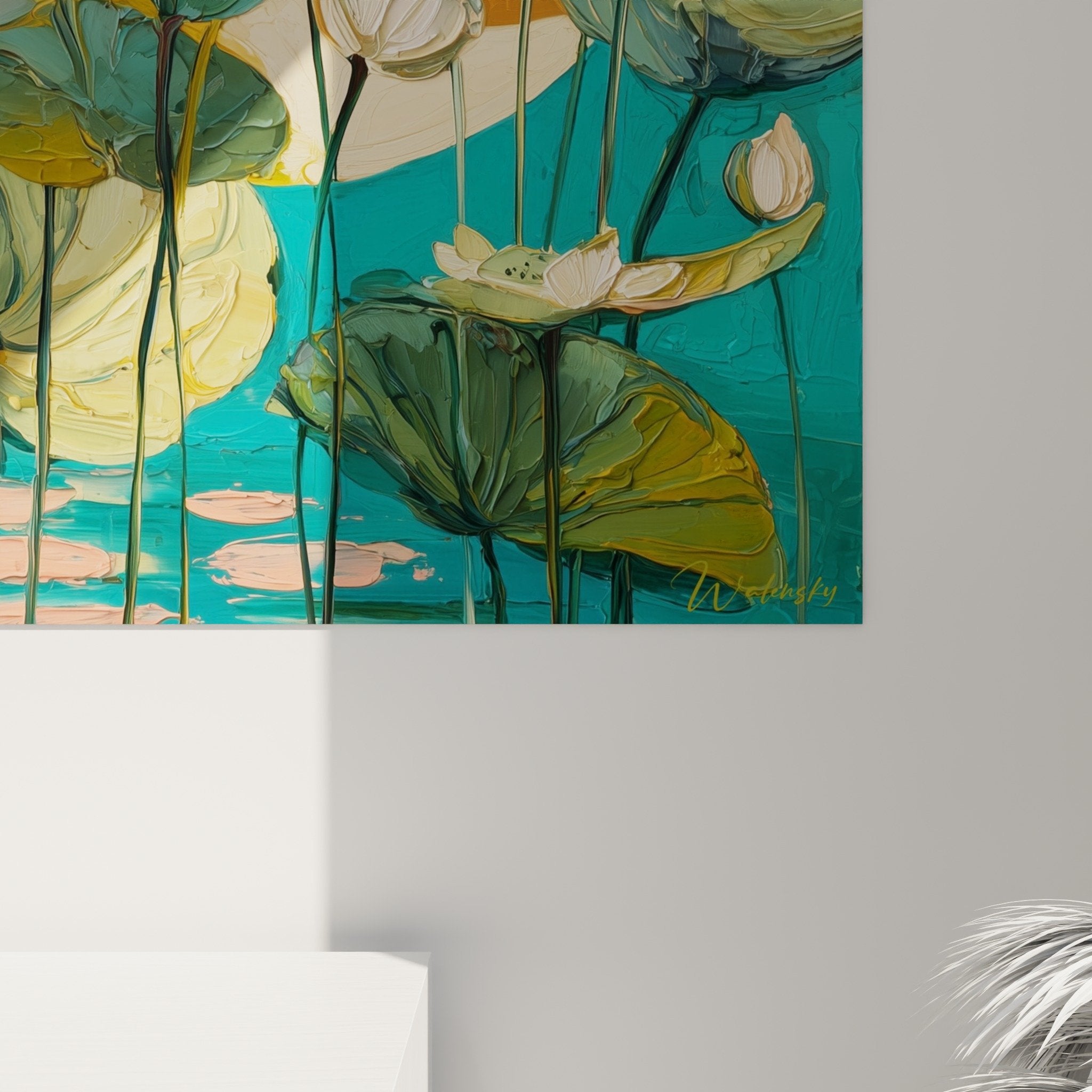 Vue ensemble tableau lotus blancs eau turquoise soleil dore decoration murale nenuphares