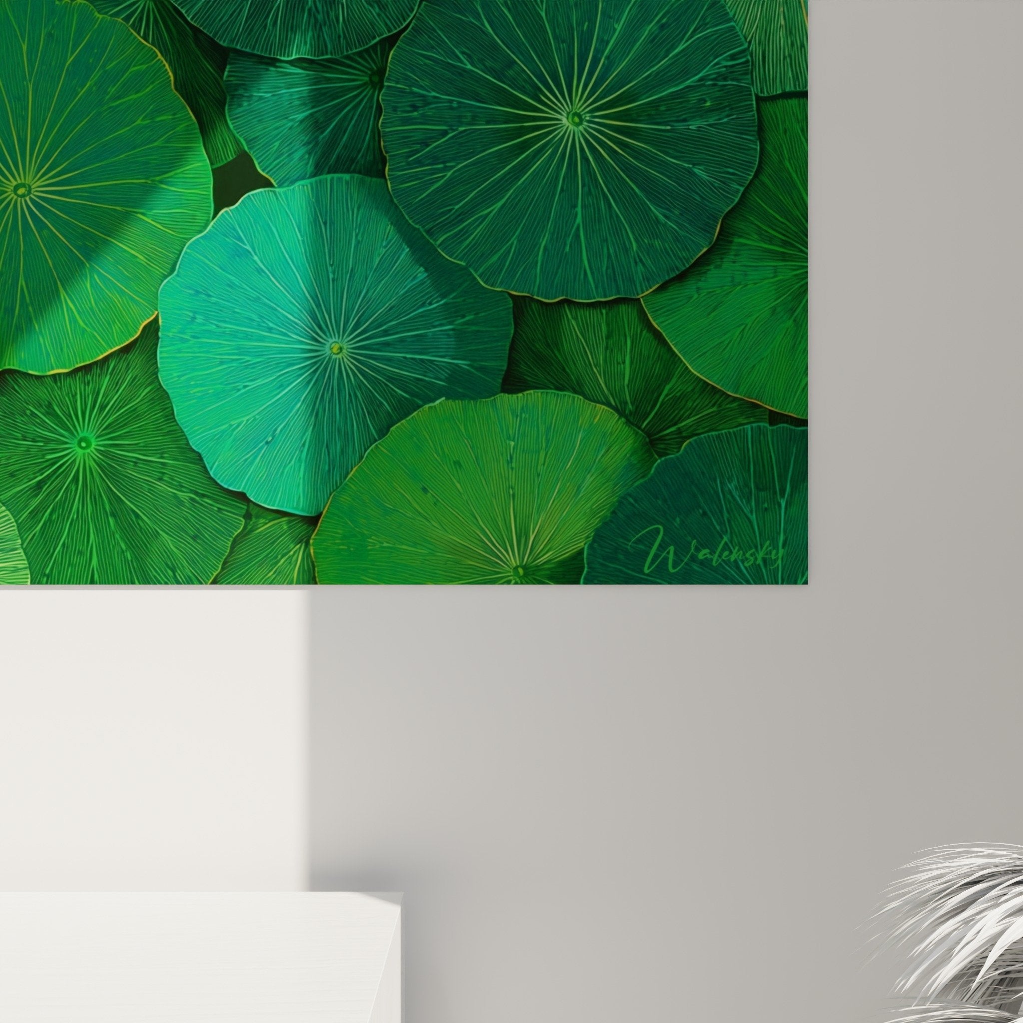 Vue ensemble tableau lotus vert jade emeraude composition circulaire mosaique vegetale