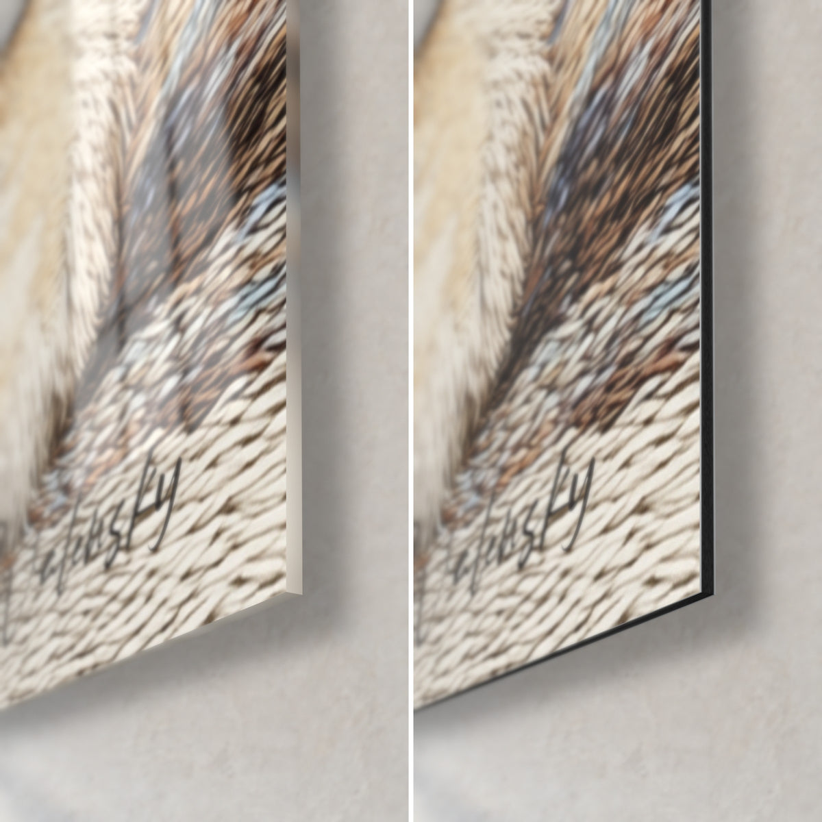 Cuadro de un malamute con pelaje bordado, esquina inferior derecha, cristal acrílico brillante a la izquierda y aluminio Dibond mate a la derecha, grosor de 3 mm