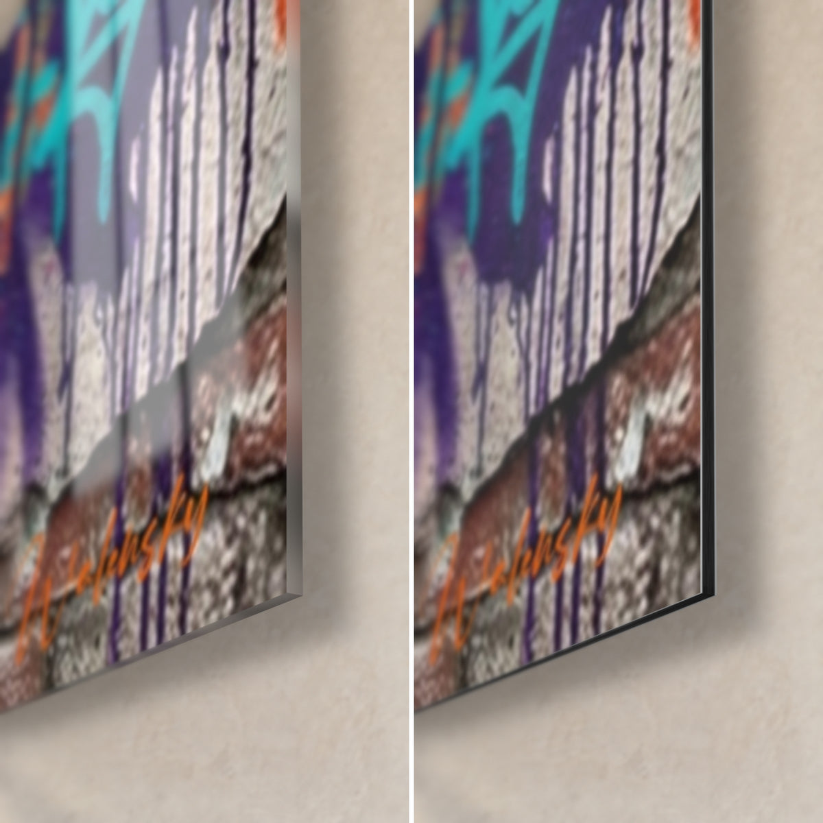 Schilderij graffiti-lotusbloem, rechtsonder: glanzend acrylglas met reflecties links, mat geborsteld Dibond-aluminium rechts, paarse verfdruipsels