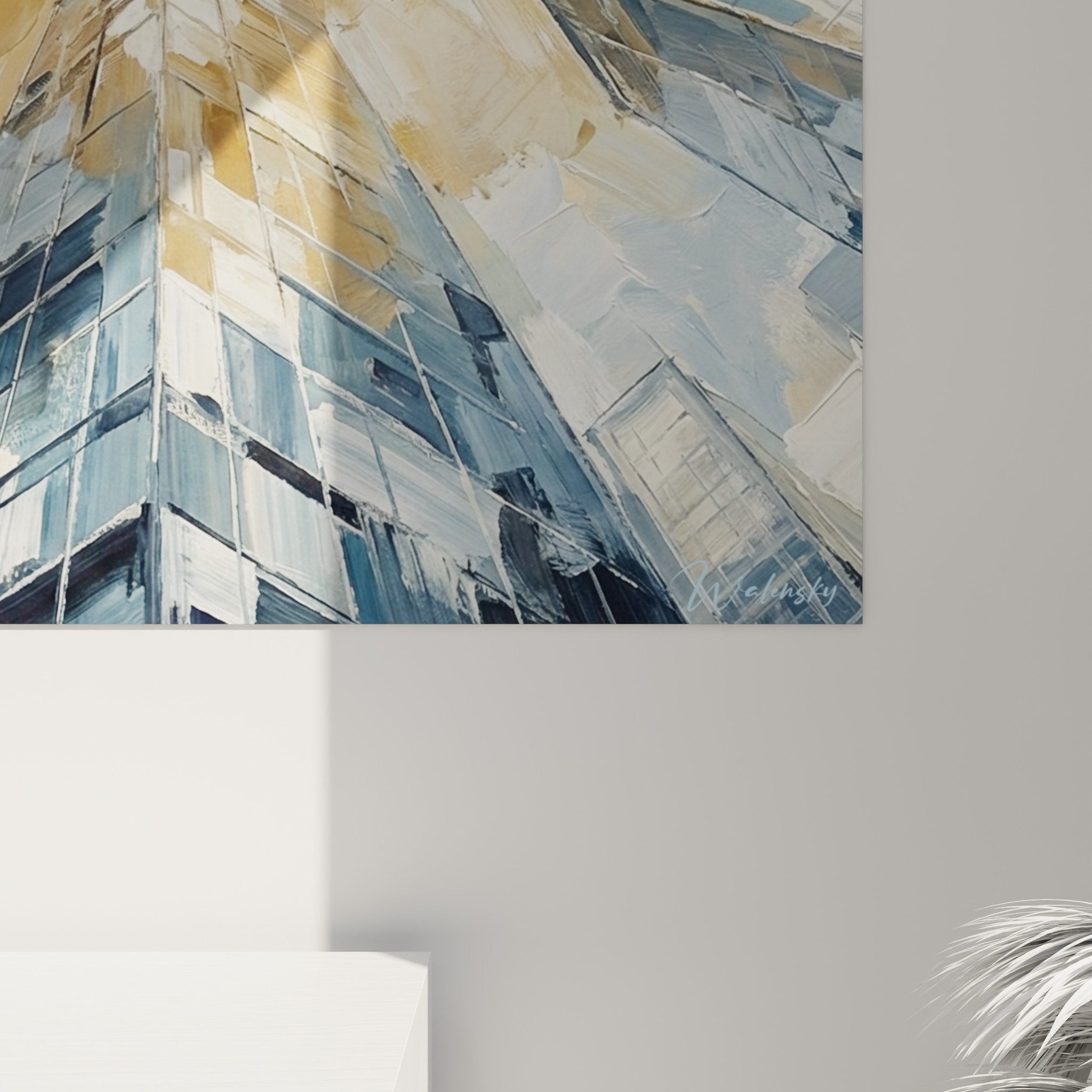 Vue ensemble tableau décoratif Manhattan gratte-ciels perspective verticale art mural contemporain intérieur