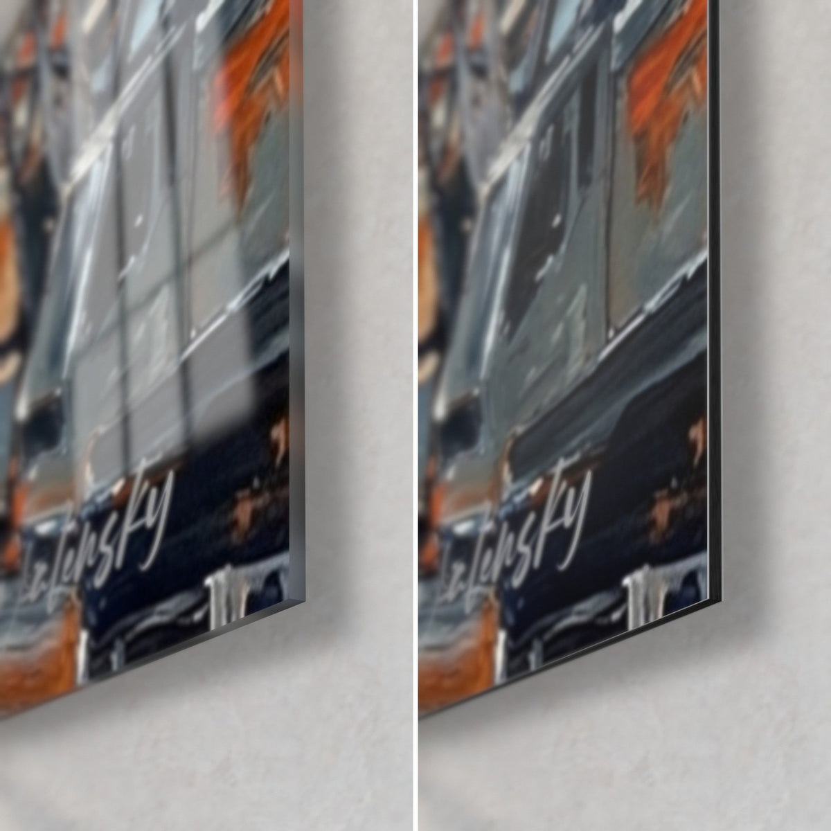 Wall art of a construction crane, bottom right corner: black steel and rust orange, glossy glass on the left, matte Dibond on the right