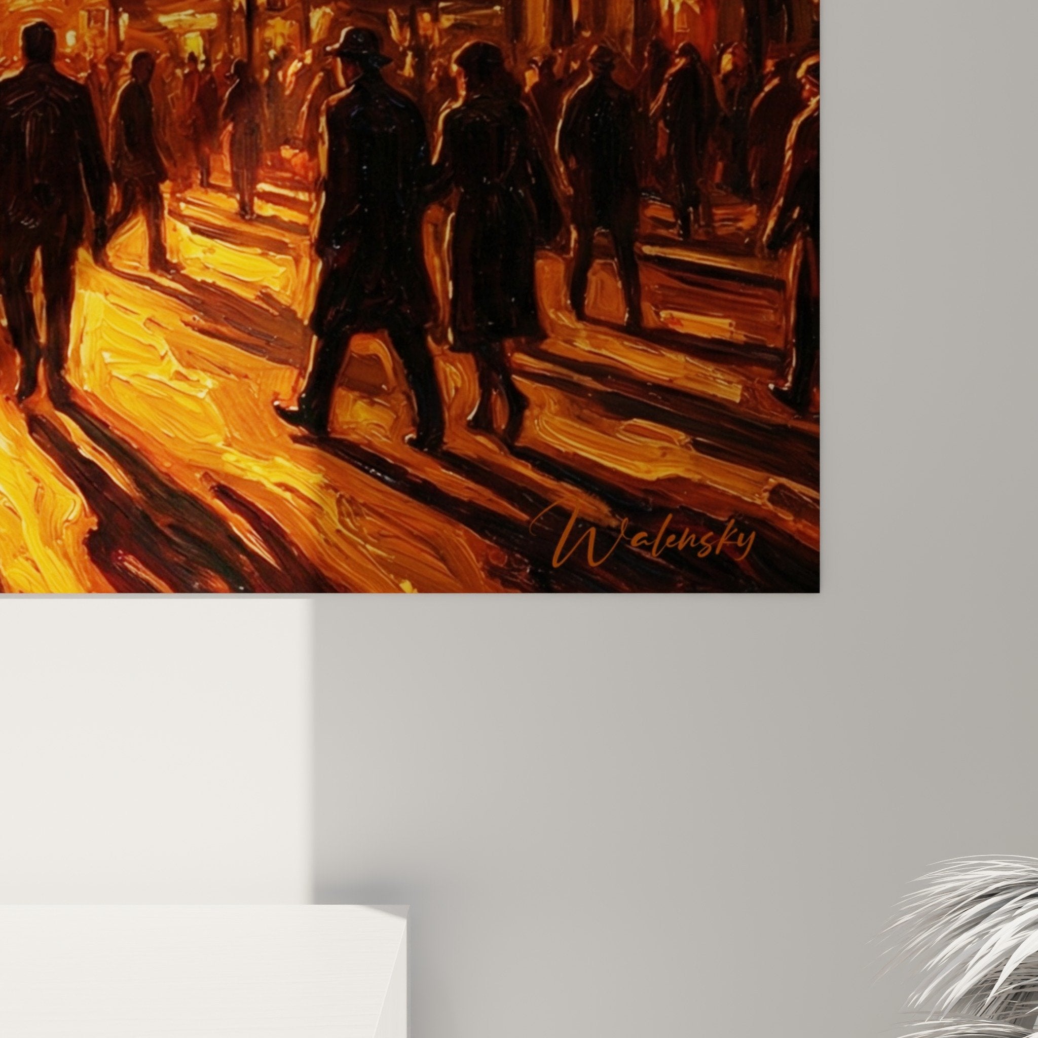 Vue ensemble tableau Manhattan rue urbaine intérieur moderne décoration murale tons dorés orangés