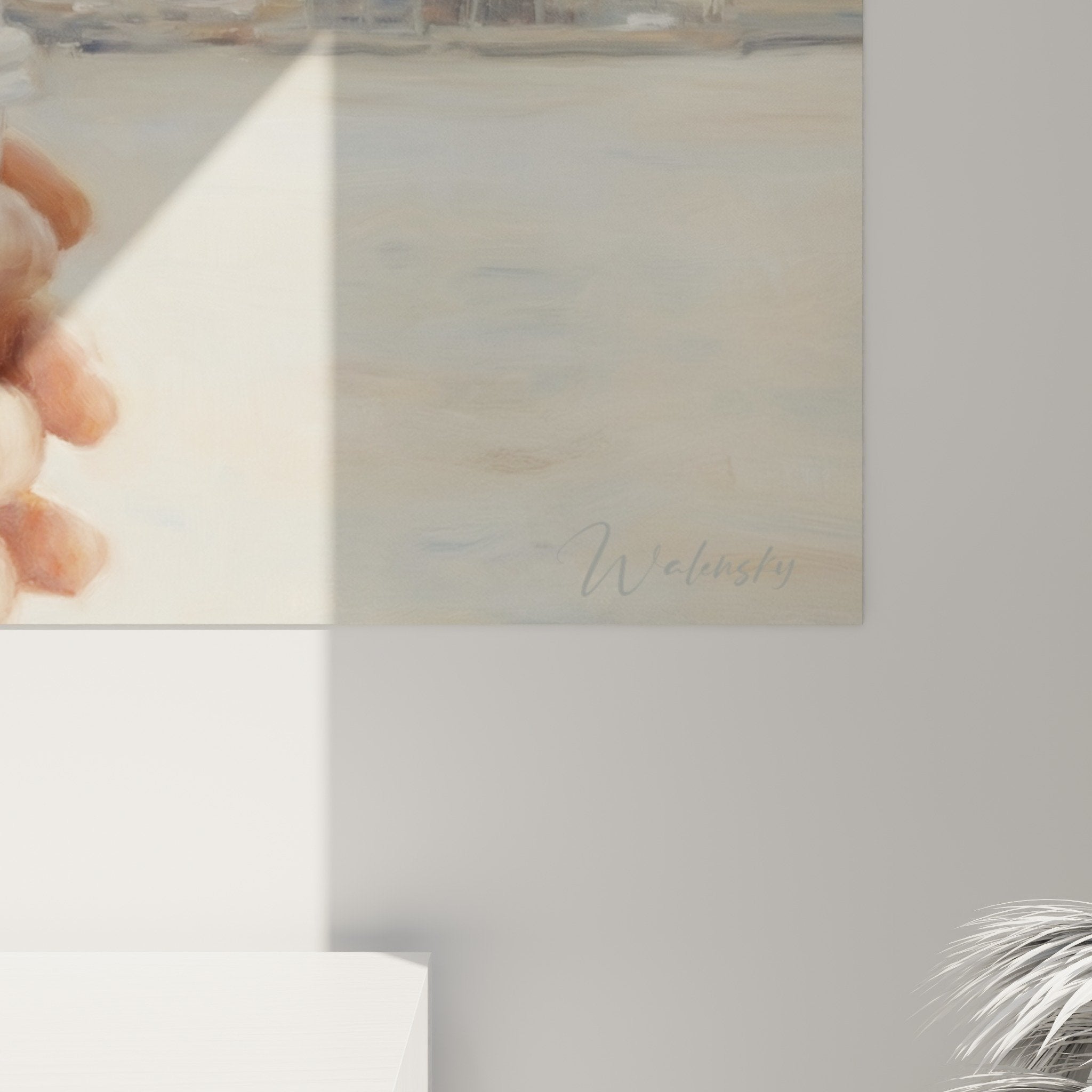 Vue ensemble tableau Manhattan pause cafe salon moderne decoration murale urbaine tons poudrés beiges