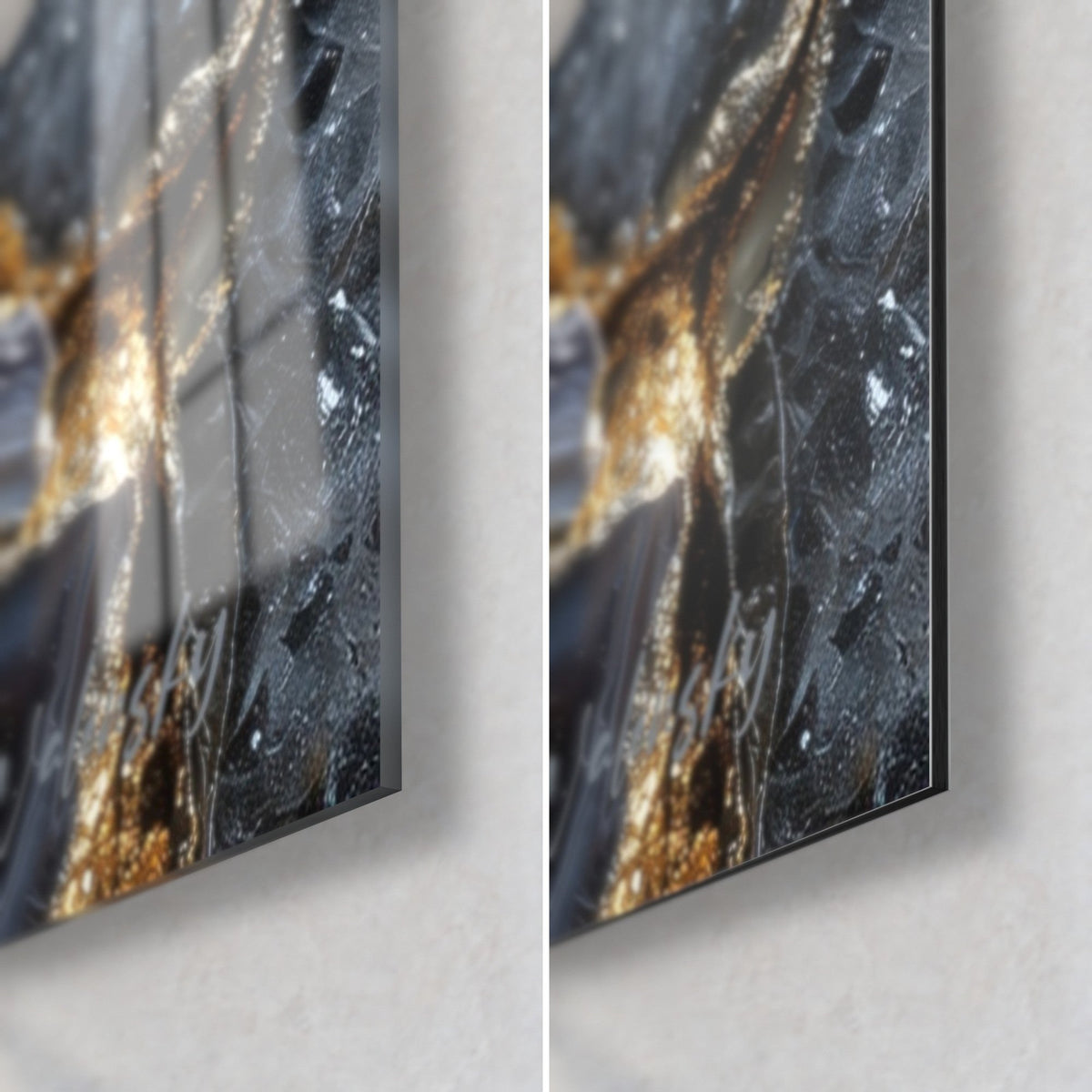 Gemälde Scheiben aus indigofarbenem Achat mit Goldglitzer, untere rechte Ecke: glänzendes Acrylglas links, mattes Dibond-Aluminium rechts