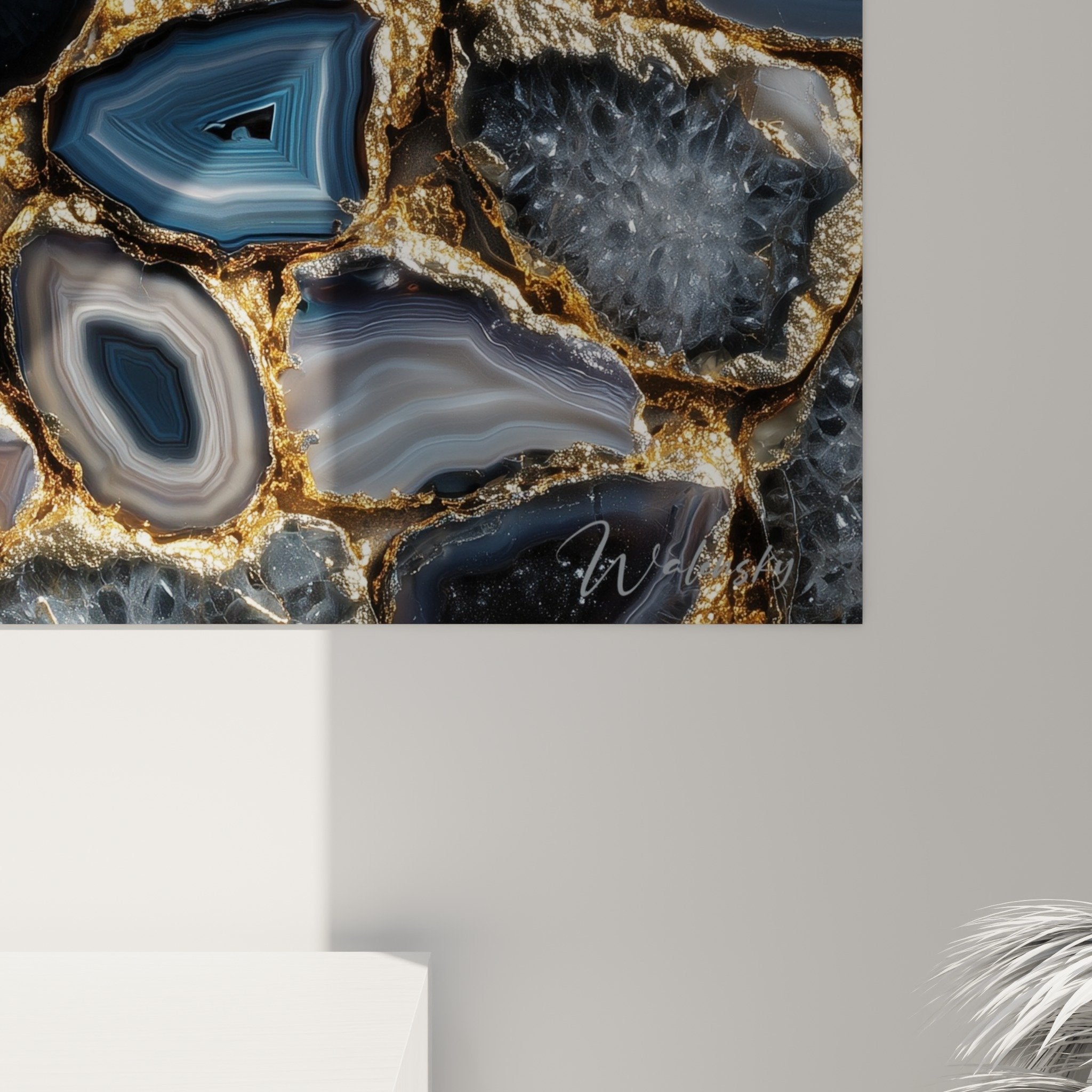 vue ensemble tableau mural marbre abstrait bleu dore decoration interieur moderne sophistique