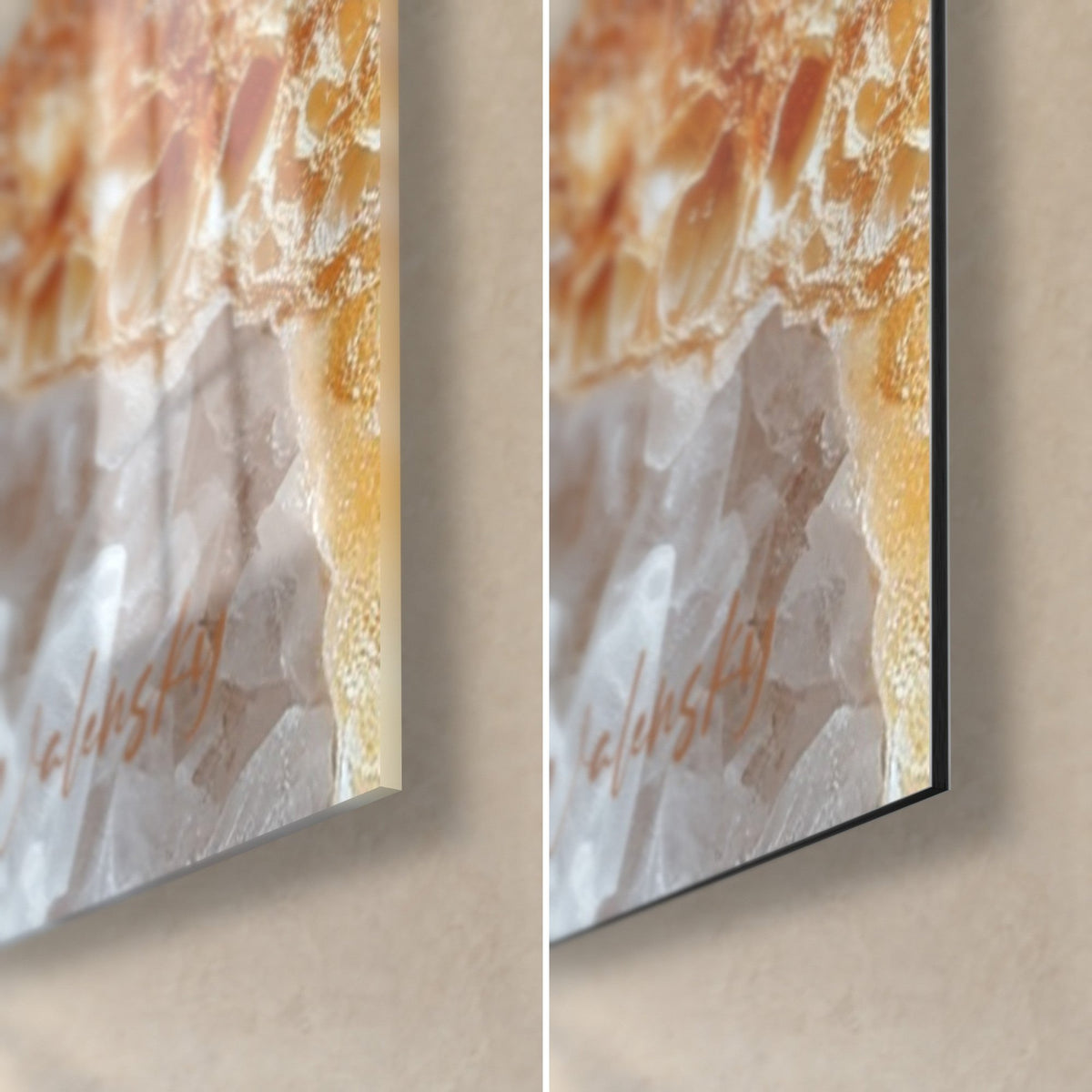 Wall art orange and mauve crystalline mineral, bottom right corner: glossy acrylic glass on the left, matte Dibond aluminium on the right, 3 mm edge