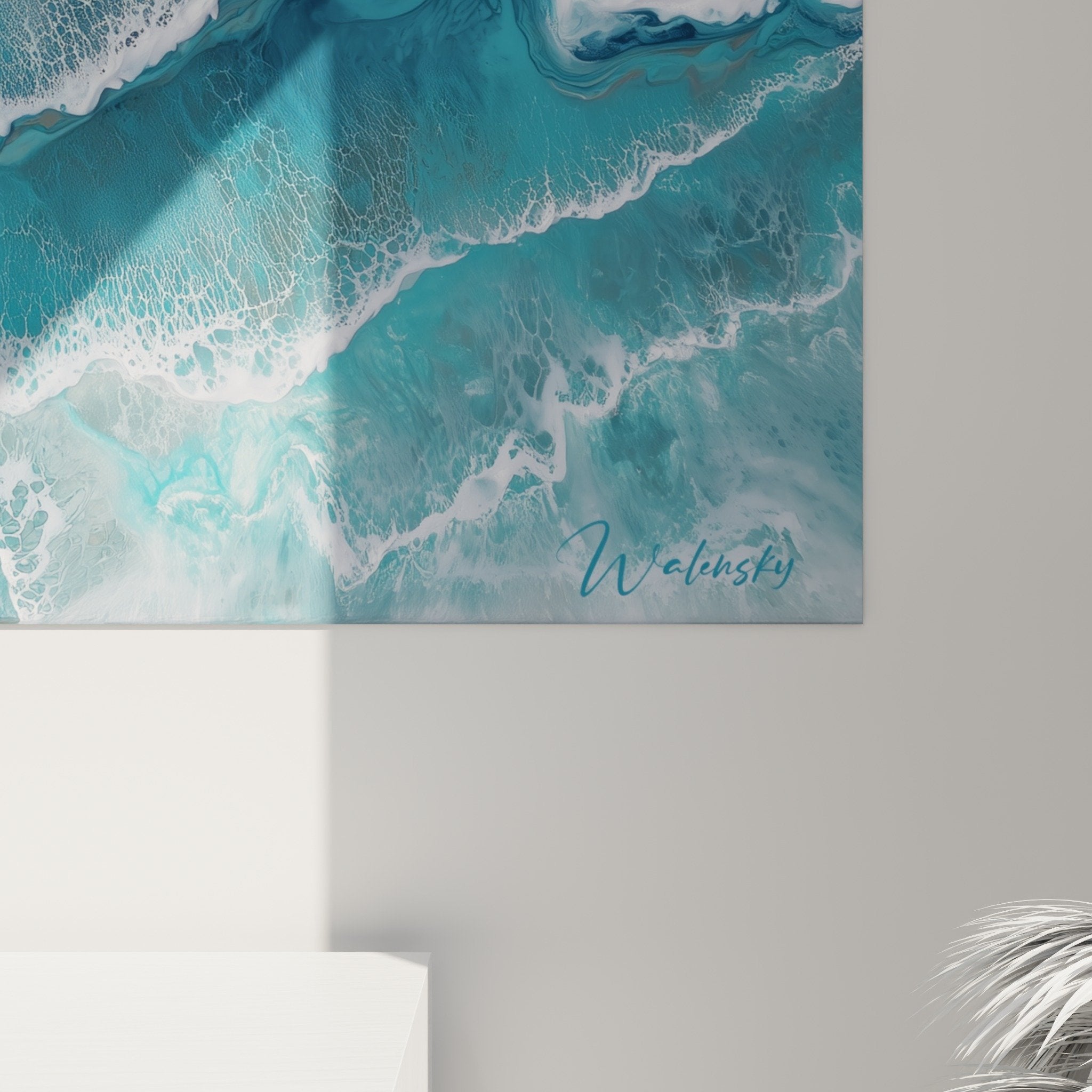Vue ensemble tableau marbre abstrait bleu turquoise decoration murale moderne
