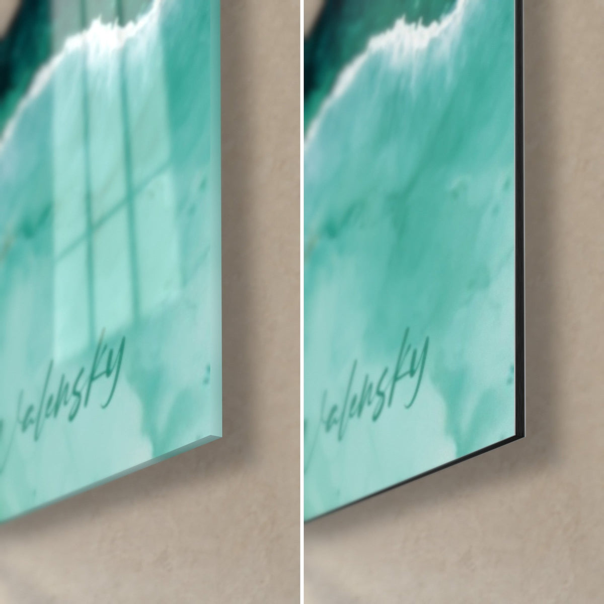 Schilderij inktcellen in smaragdgroen en turquoise, rechter onderhoek, glanzend acrylglas en mat Dibond-aluminium, dikte 3 mm