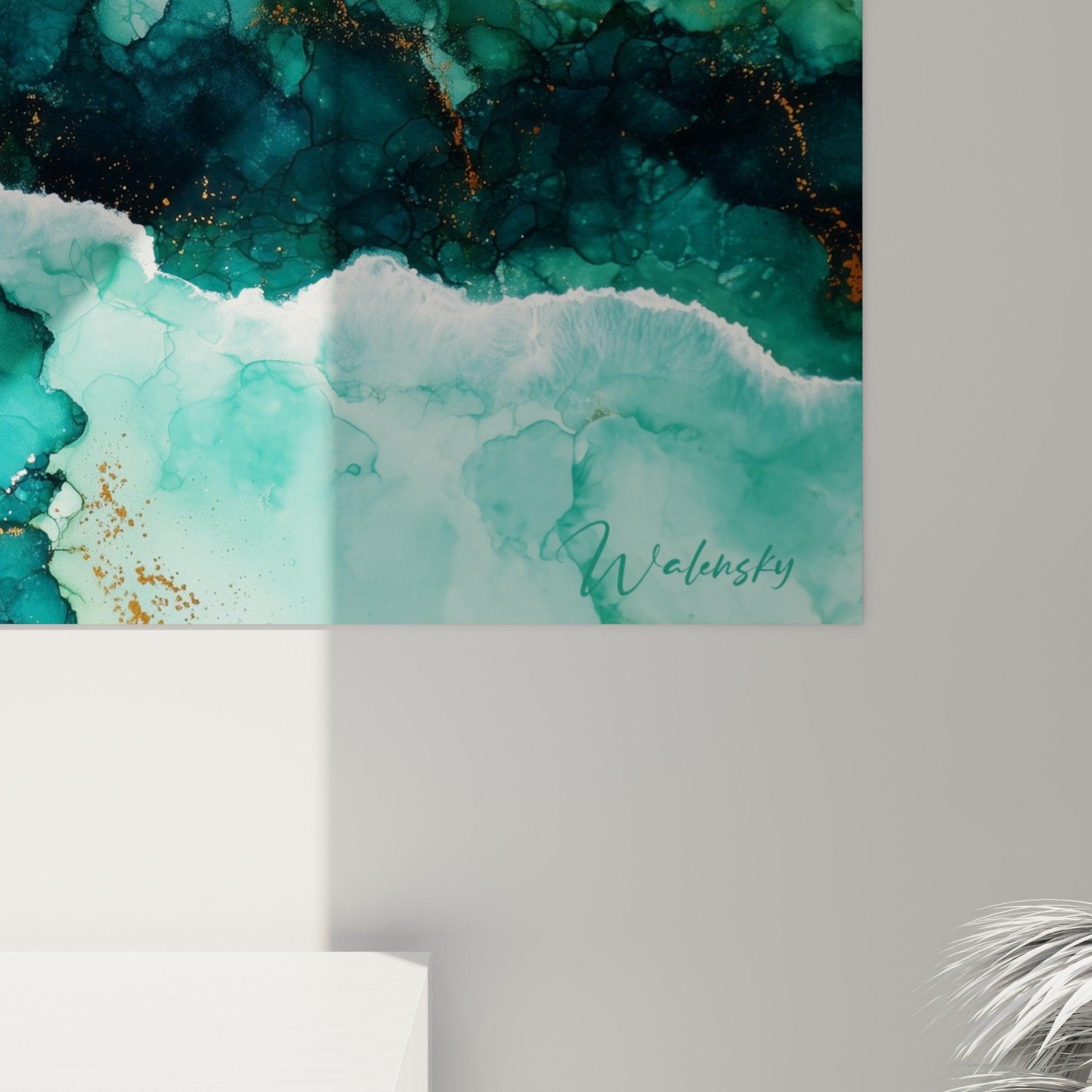 Vue ensemble tableau marbre abstrait turquoise doré decoration interieur moderne salon