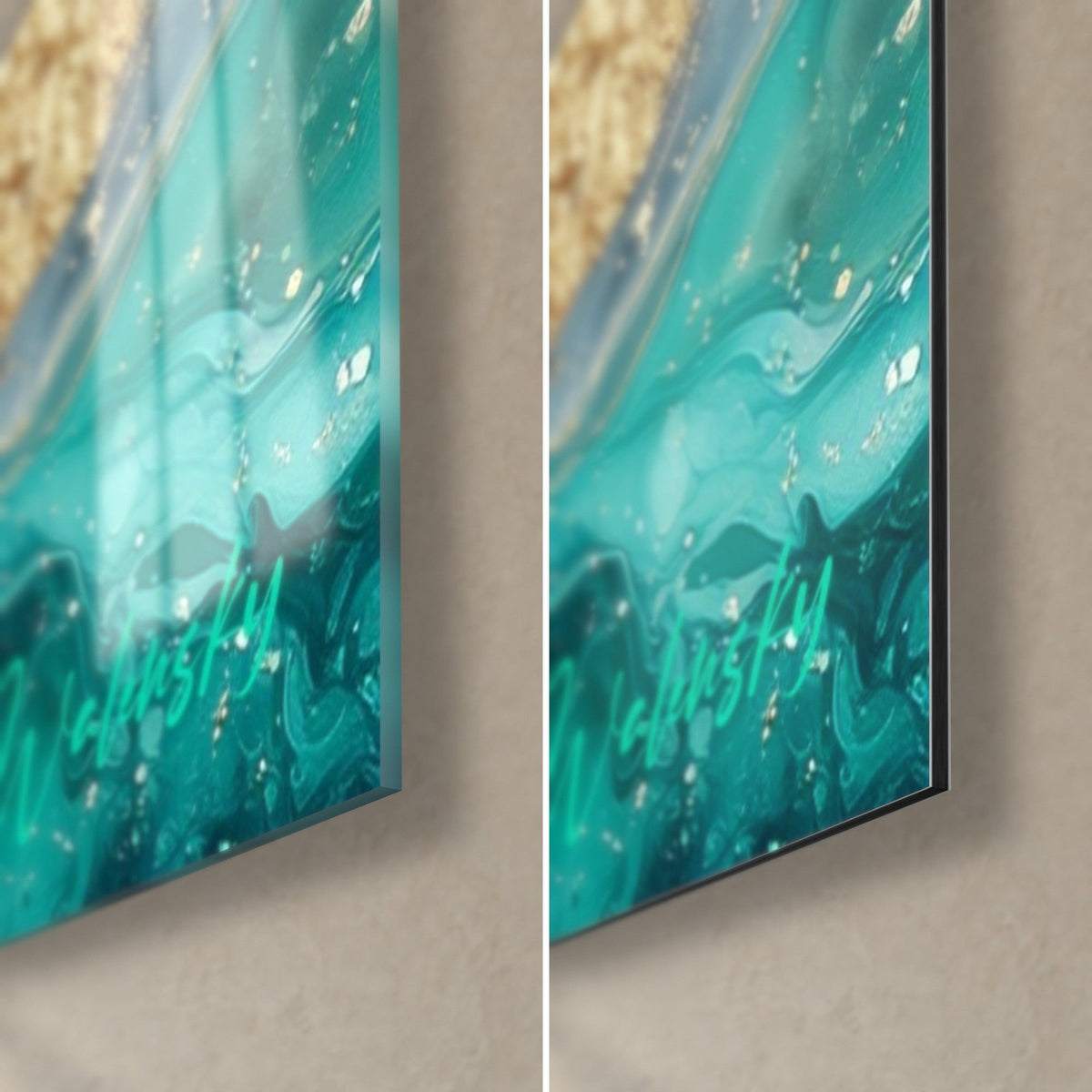 Wall art azure swirls and gold glitter, bottom right corner: glossy glass reflecting light on the left, matte Dibond on the right