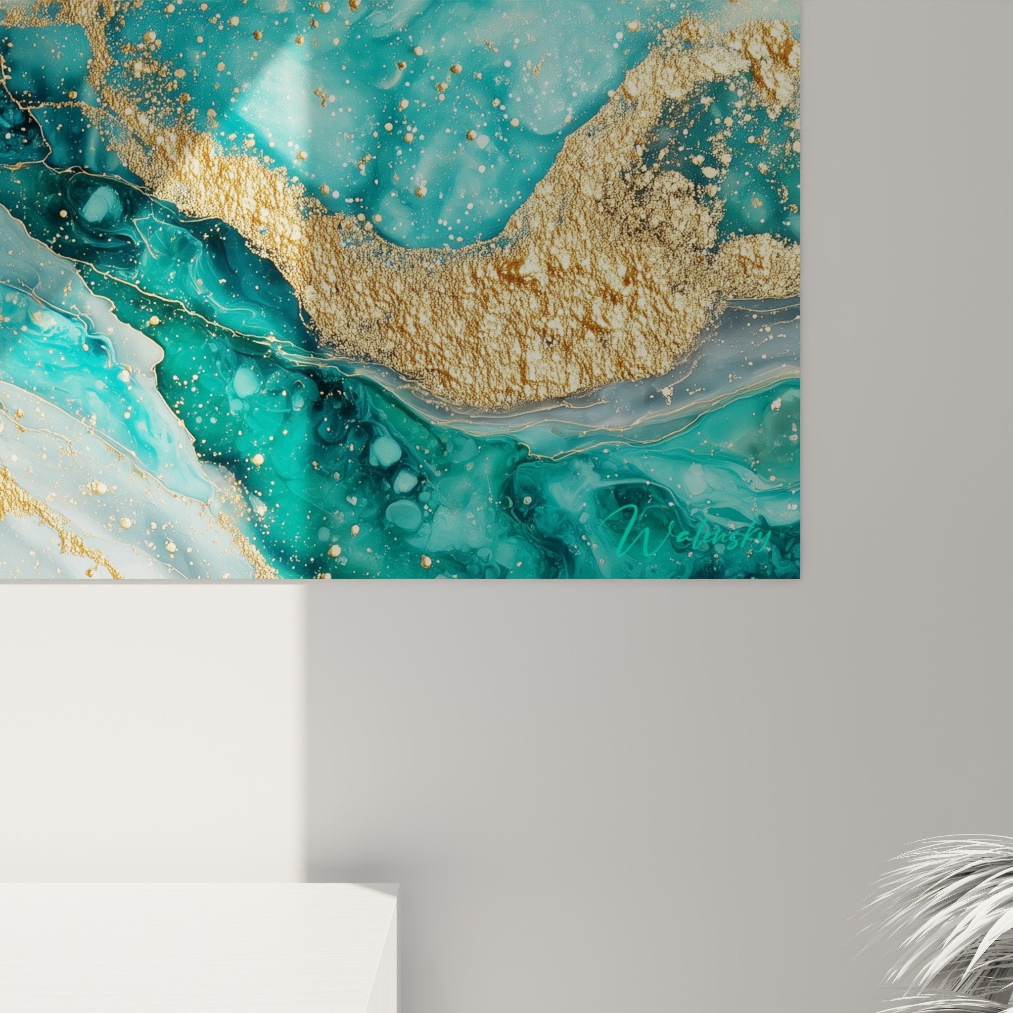 Abstract marble artwork with turquoise and gold flows contemporary interior wall art