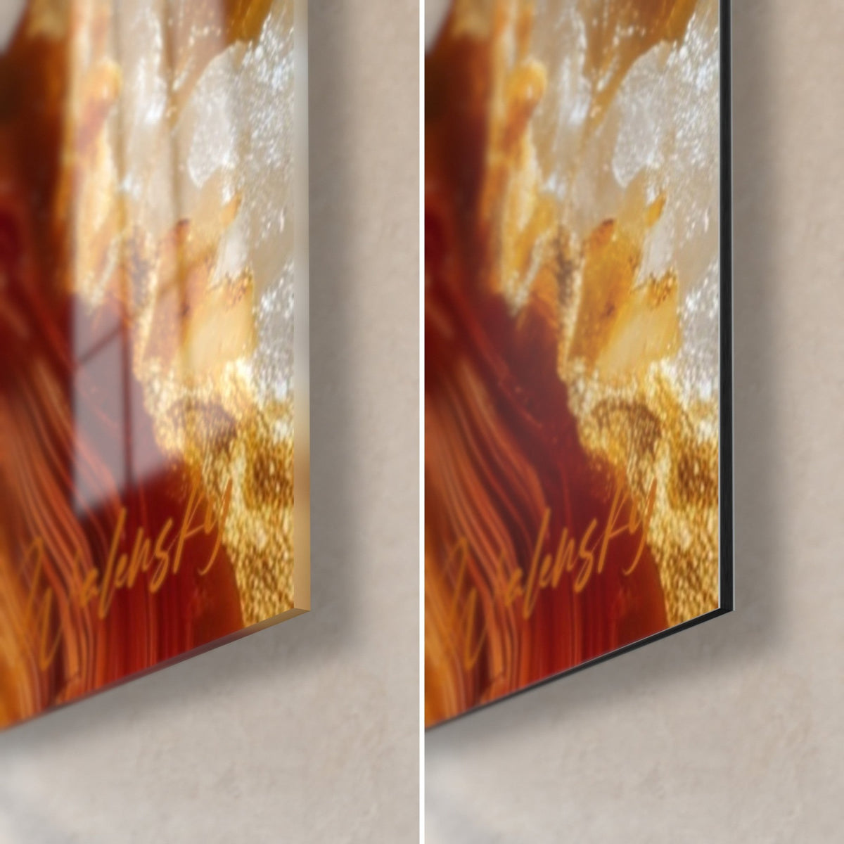 Wall art orange geode with white crystals, bottom right corner: glossy acrylic glass on the left, matte brushed Dibond aluminium on the right