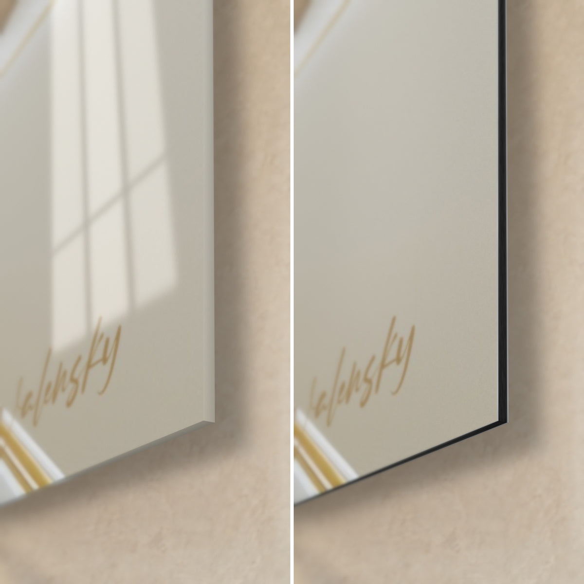 Schilderij parelmoerkleurige krullen met gouden rand, rechtsonder de hoek: glanzend acrylglas links, mat zwart Dibond-aluminium rechts, 3 mm dikte