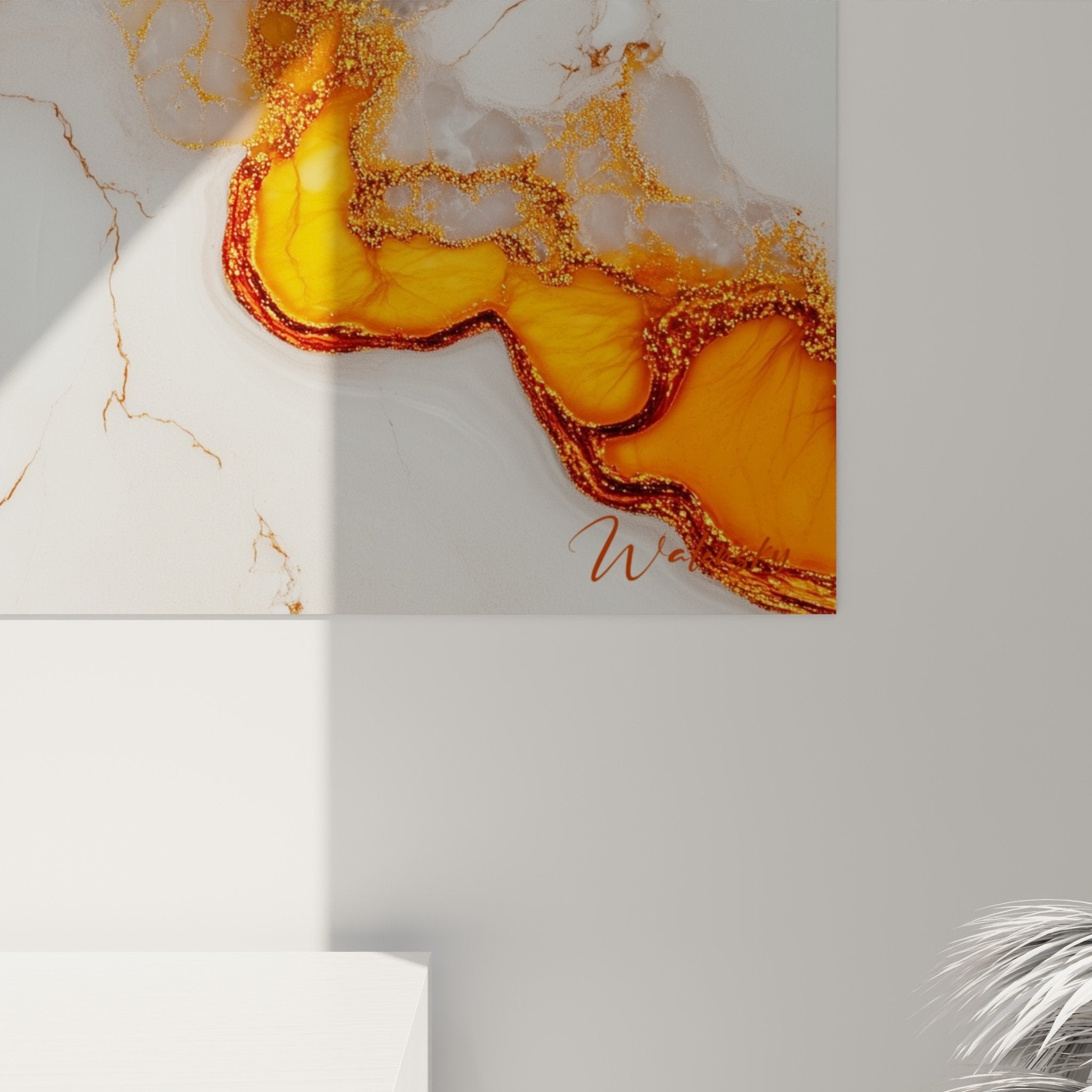 Vue ensemble tableau marbre abstrait orange blanc or salon moderne decoration murale contemporaine